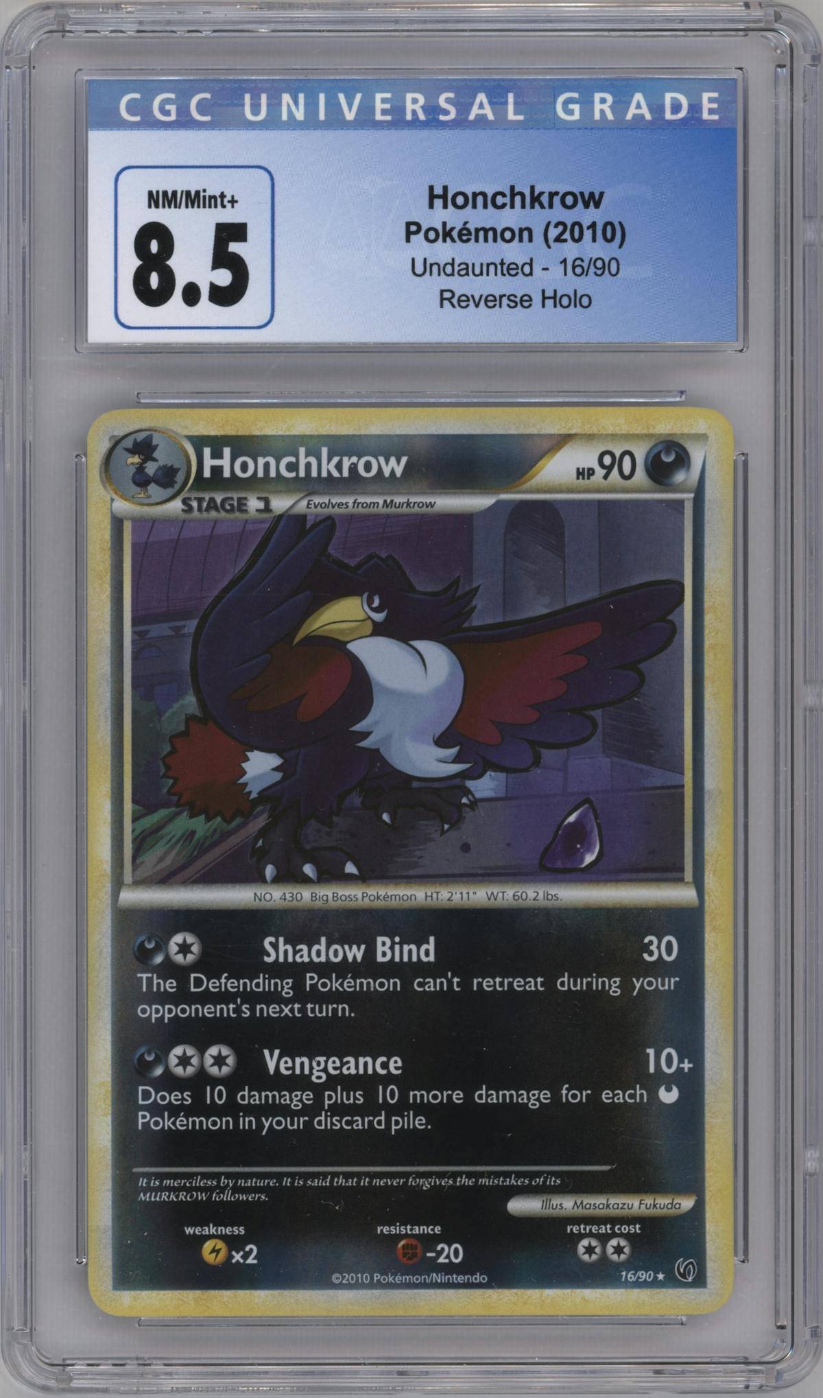 Honchkrow from the 2010 Pokemon HG & SS set graded by CSG and given an overall grade of 8.5.