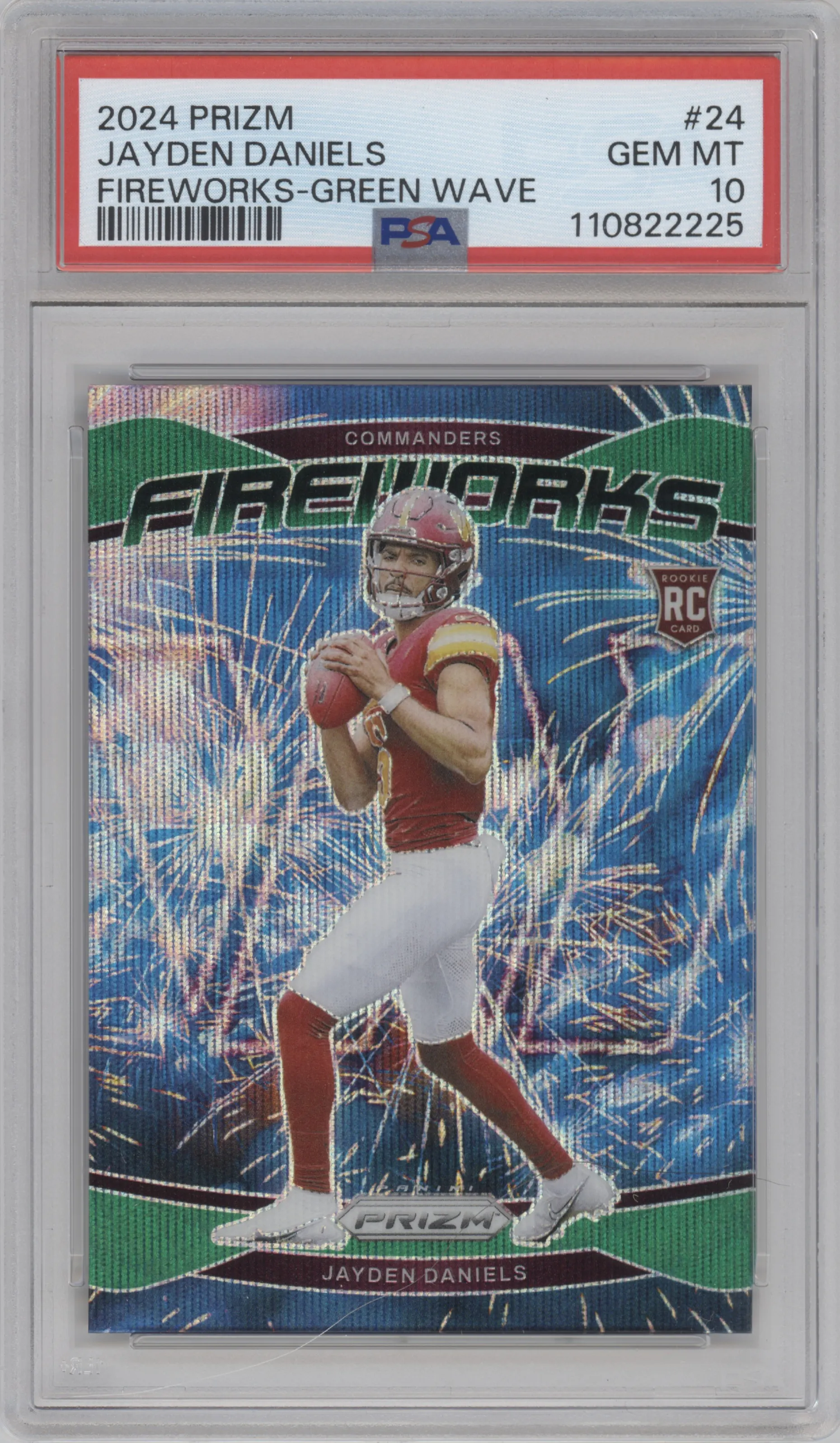 Jayden Daniels from the 2024 Panini Prizm set featuring a Green Wave parallel graded by PSA and given an overall grade of 10.