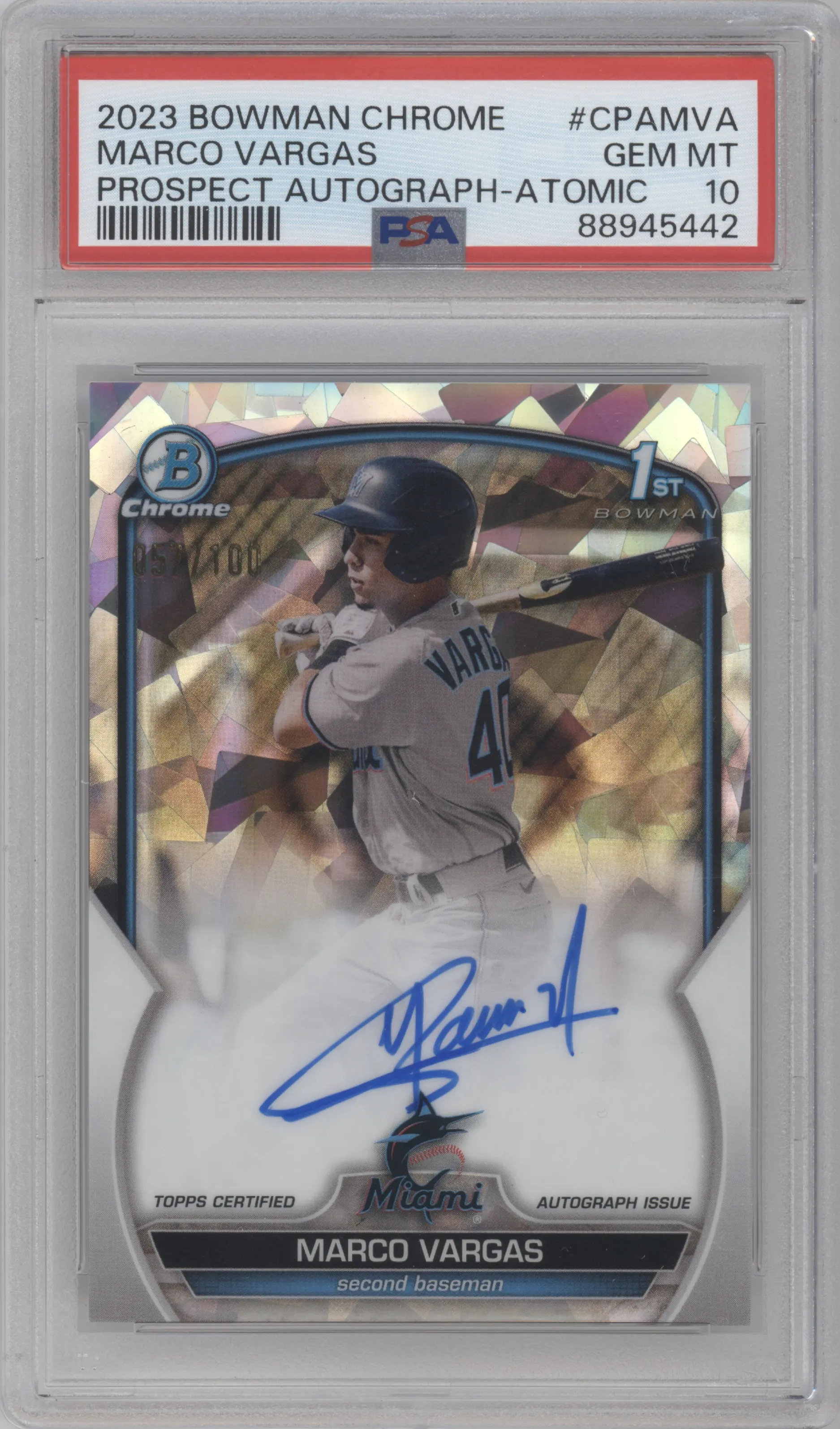 Marco Vargas from the 2023 Bowman Chrome set featuring a Atomic Refractor parallel graded by PSA and given an overall grade of 10.
