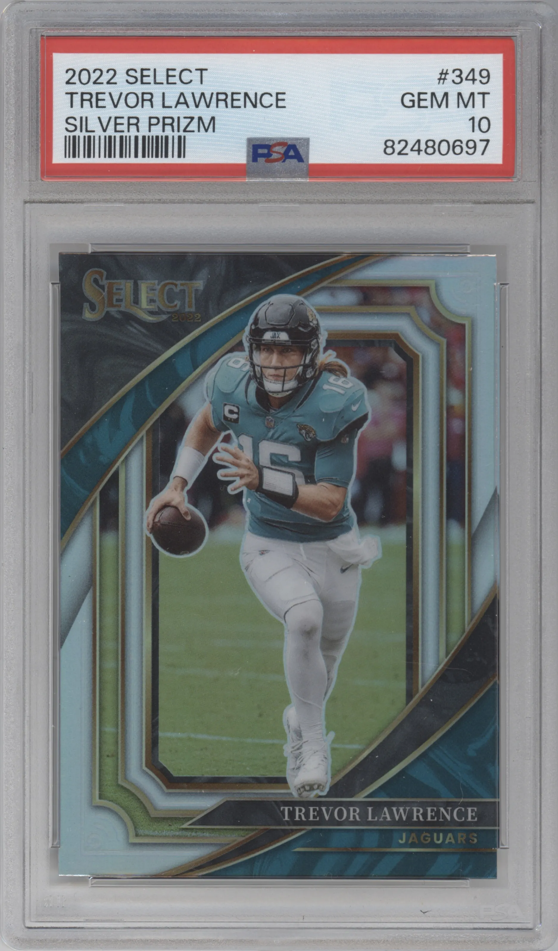 Trevor Lawrence from the 2022 Panini Select set featuring a Silver Prizm parallel graded by PSA and given an overall grade of 10.