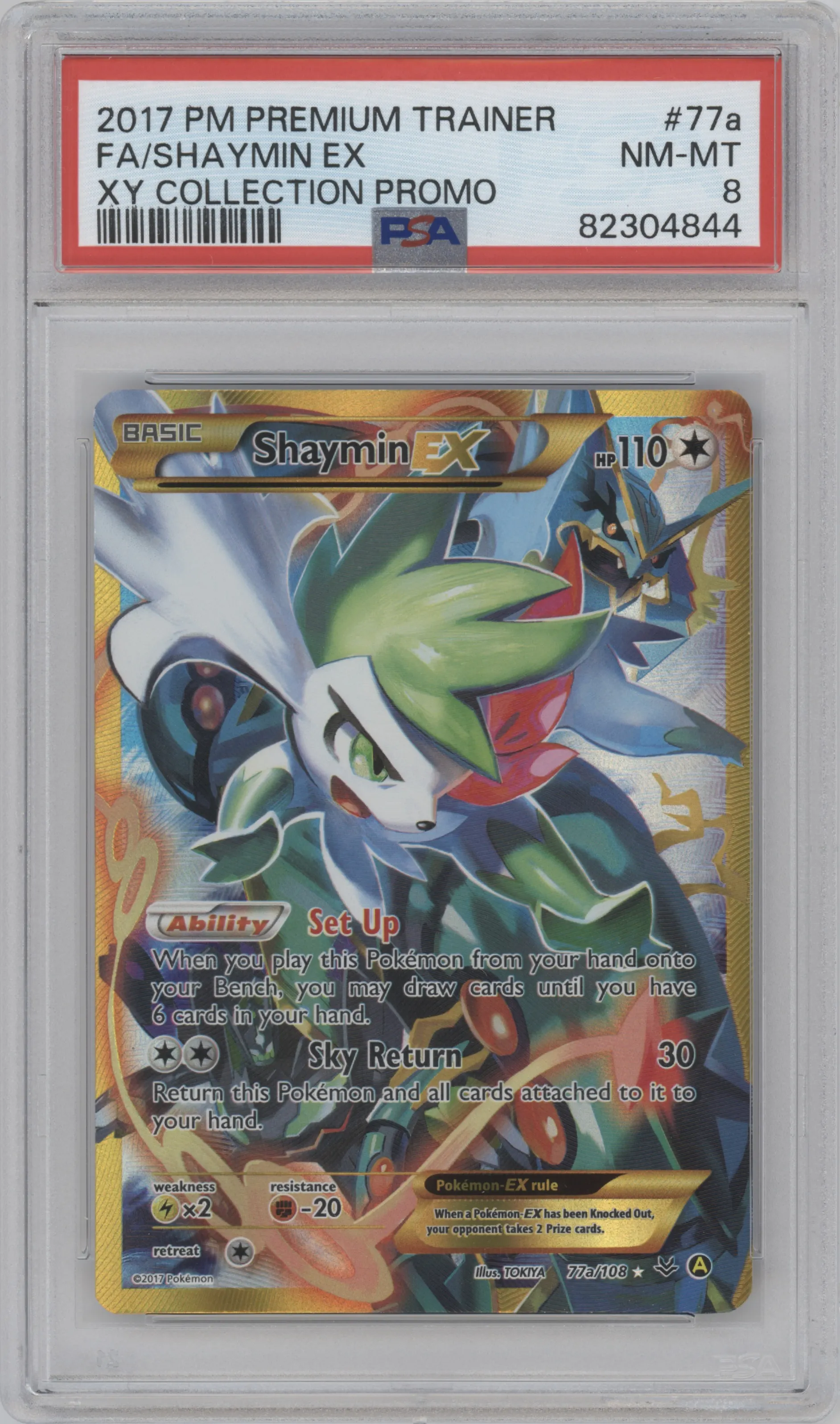 Shaymin EX from the 2017 Pokemon XY set featuring a Premium Trainer XY Collection parallel graded by PSA and given an overall grade of 8.