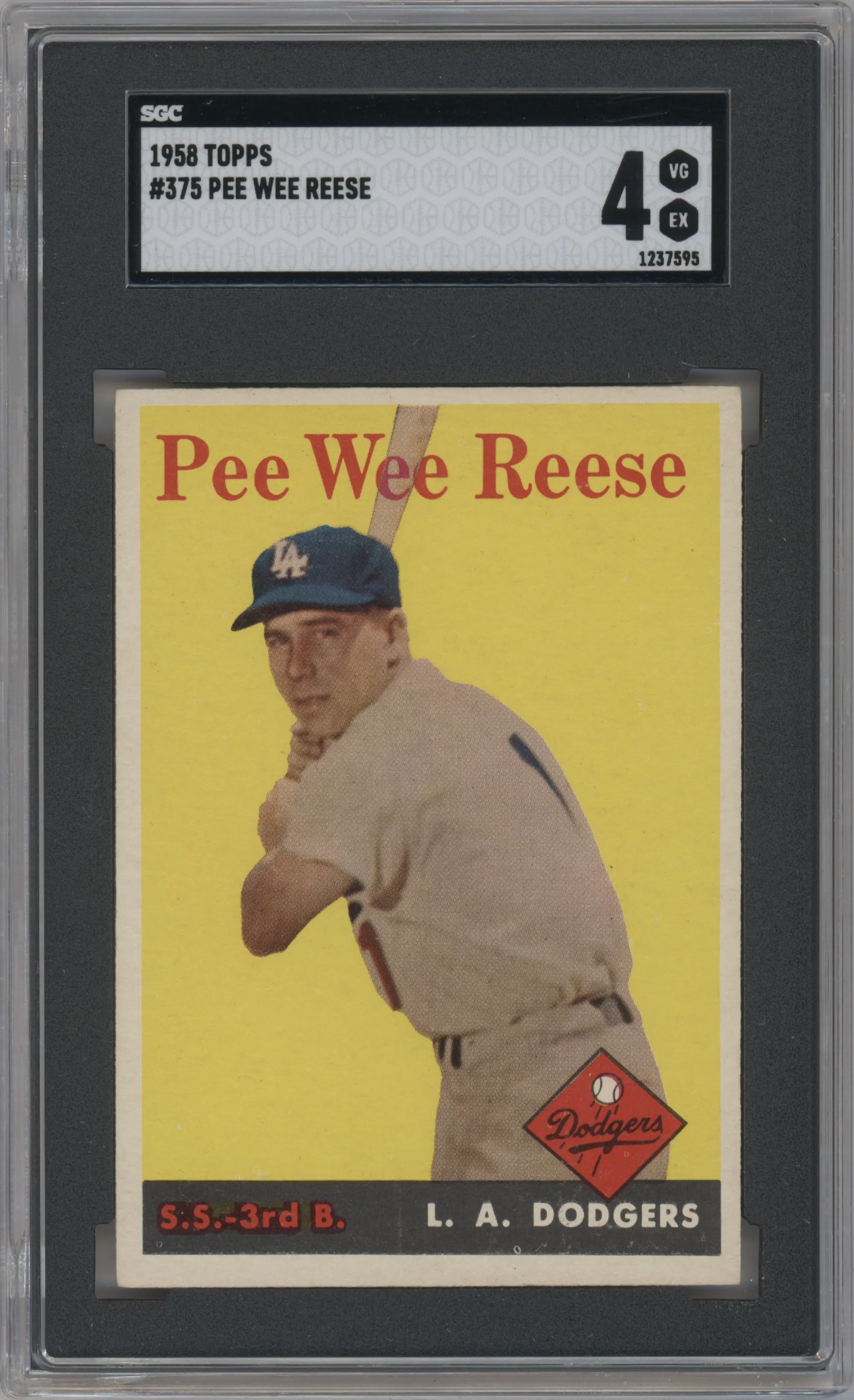 Pee Wee Reese from the 1958 Topps set graded by SGC and given an overall grade of 4.