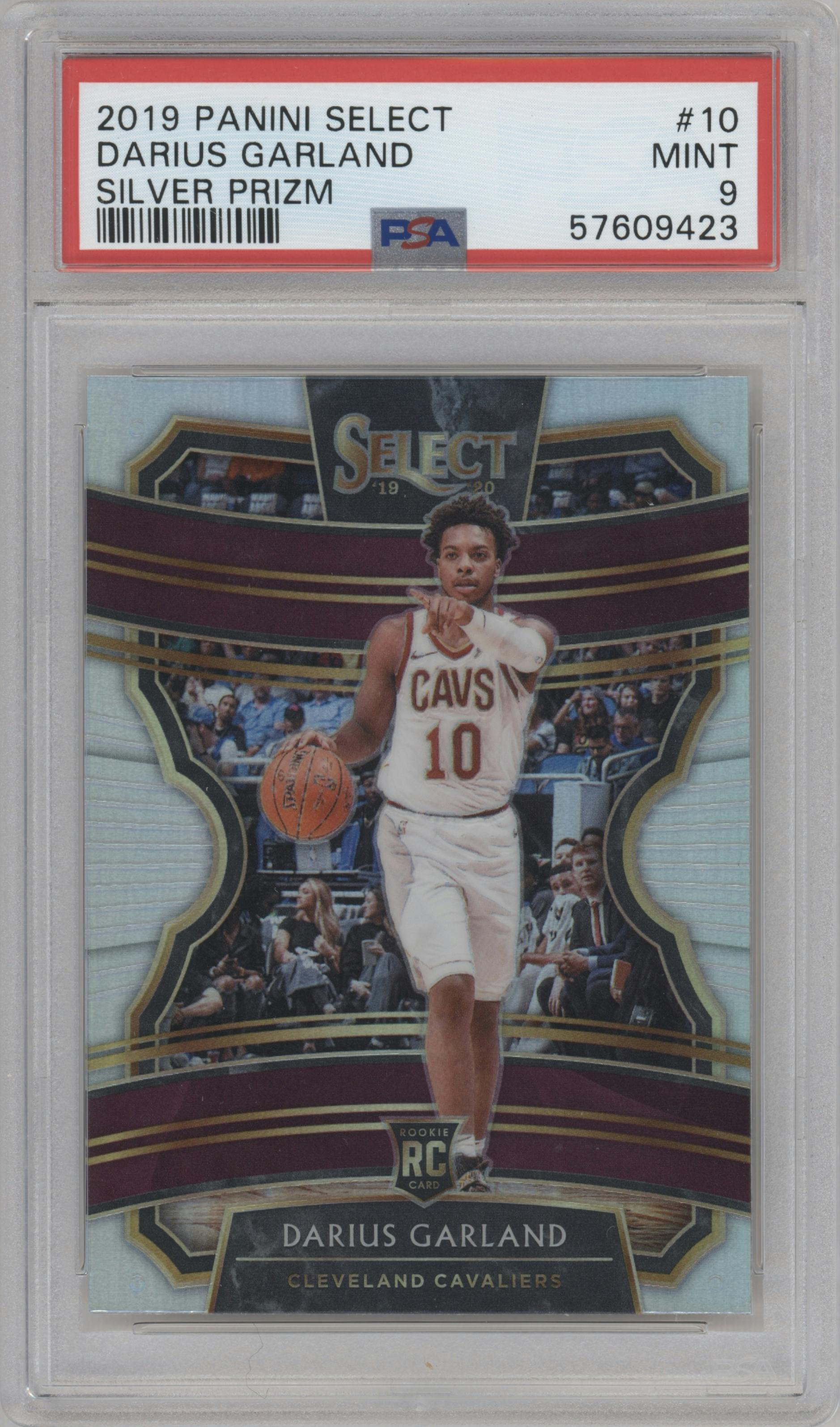 Darius Garland from the 2019-20 Panini Select set featuring a Silver Prizm parallel graded by PSA and given an overall grade of 9.