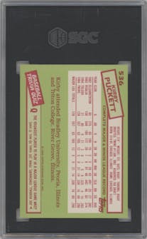 Kirby Puckett from the 1985 Topps set featuring a Tiffany parallel graded by SGC and given an overall grade of 8.5.