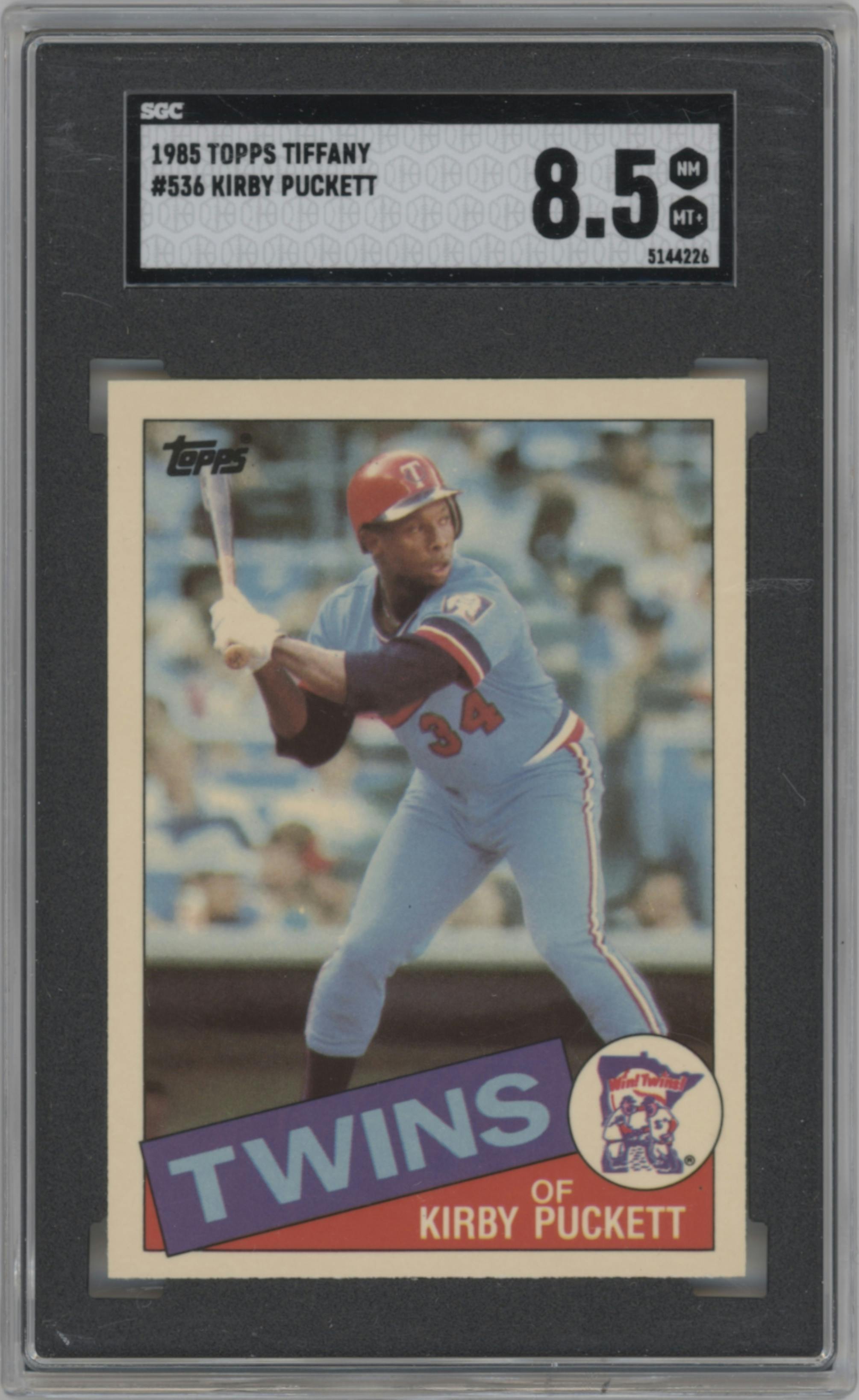 Kirby Puckett from the 1985 Topps set featuring a Tiffany parallel graded by SGC and given an overall grade of 8.5.