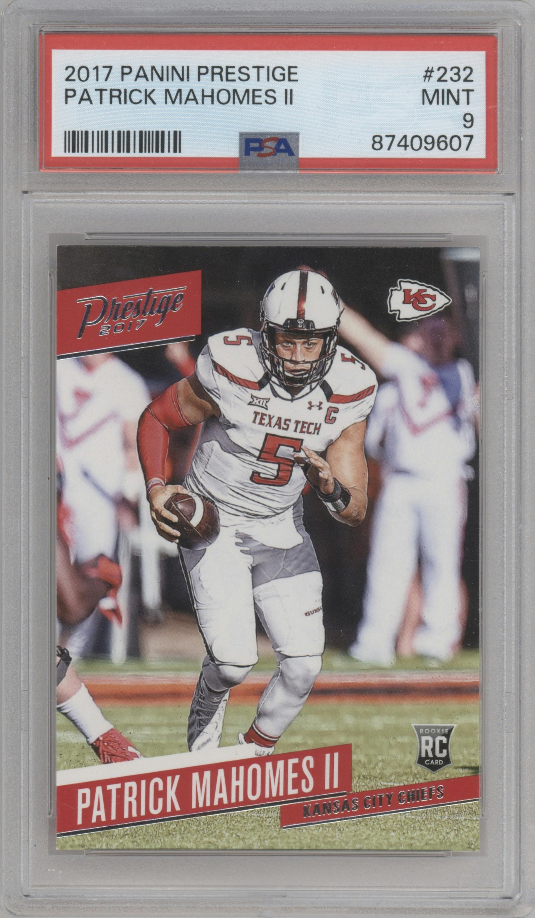 Patrick Mahomes II from the 2017 Panini Prestige set graded by PSA and given an overall grade of 9.