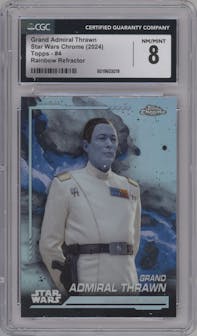 Grand Admiral Thrawn from the 2024 Topps Chrome Star Wars set featuring a Rainbow Refractor parallel graded by CSG and given an overall grade of 8.