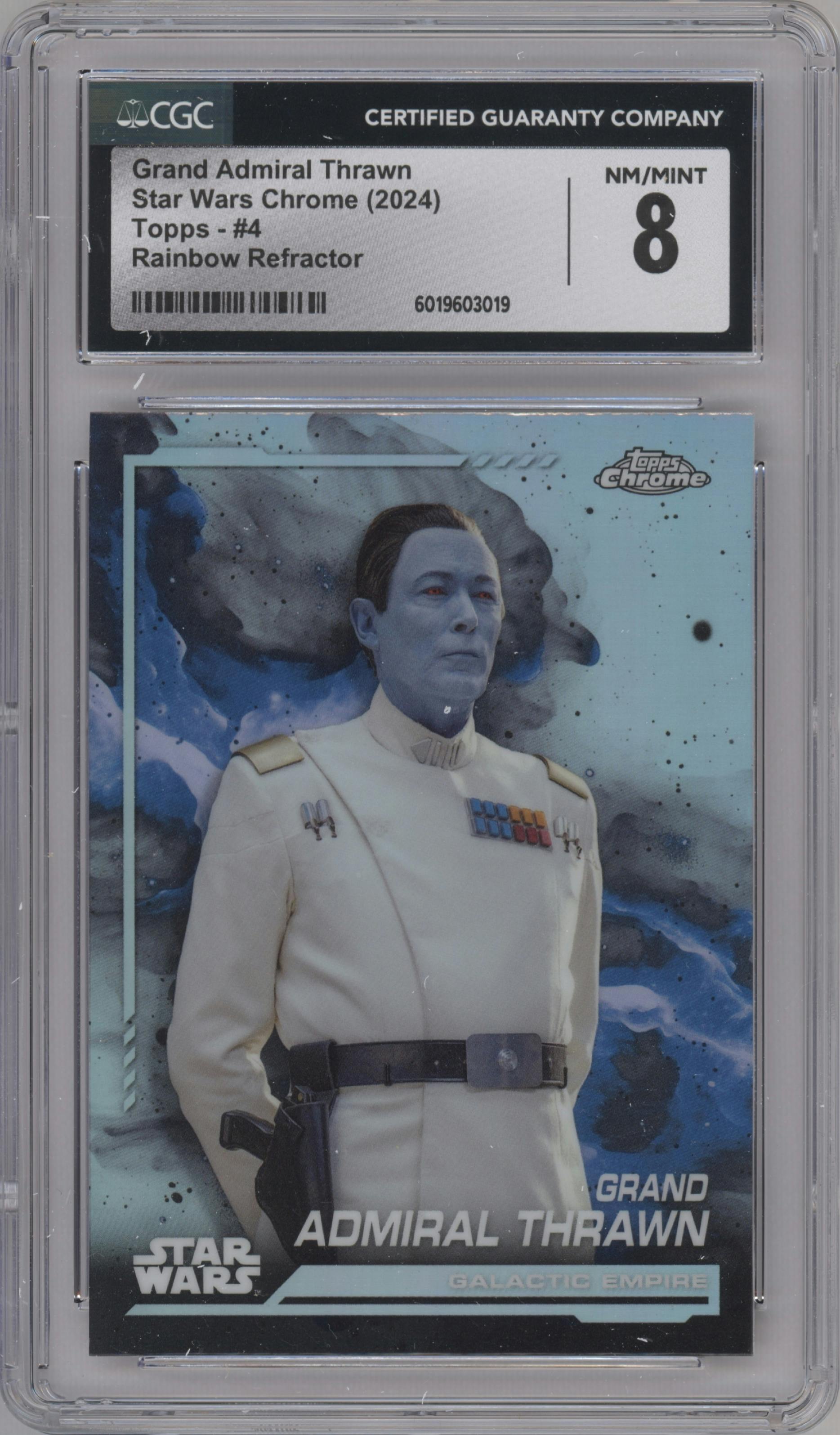 Grand Admiral Thrawn from the 2024 Topps Chrome Star Wars set featuring a Rainbow Refractor parallel graded by CSG and given an overall grade of 8.