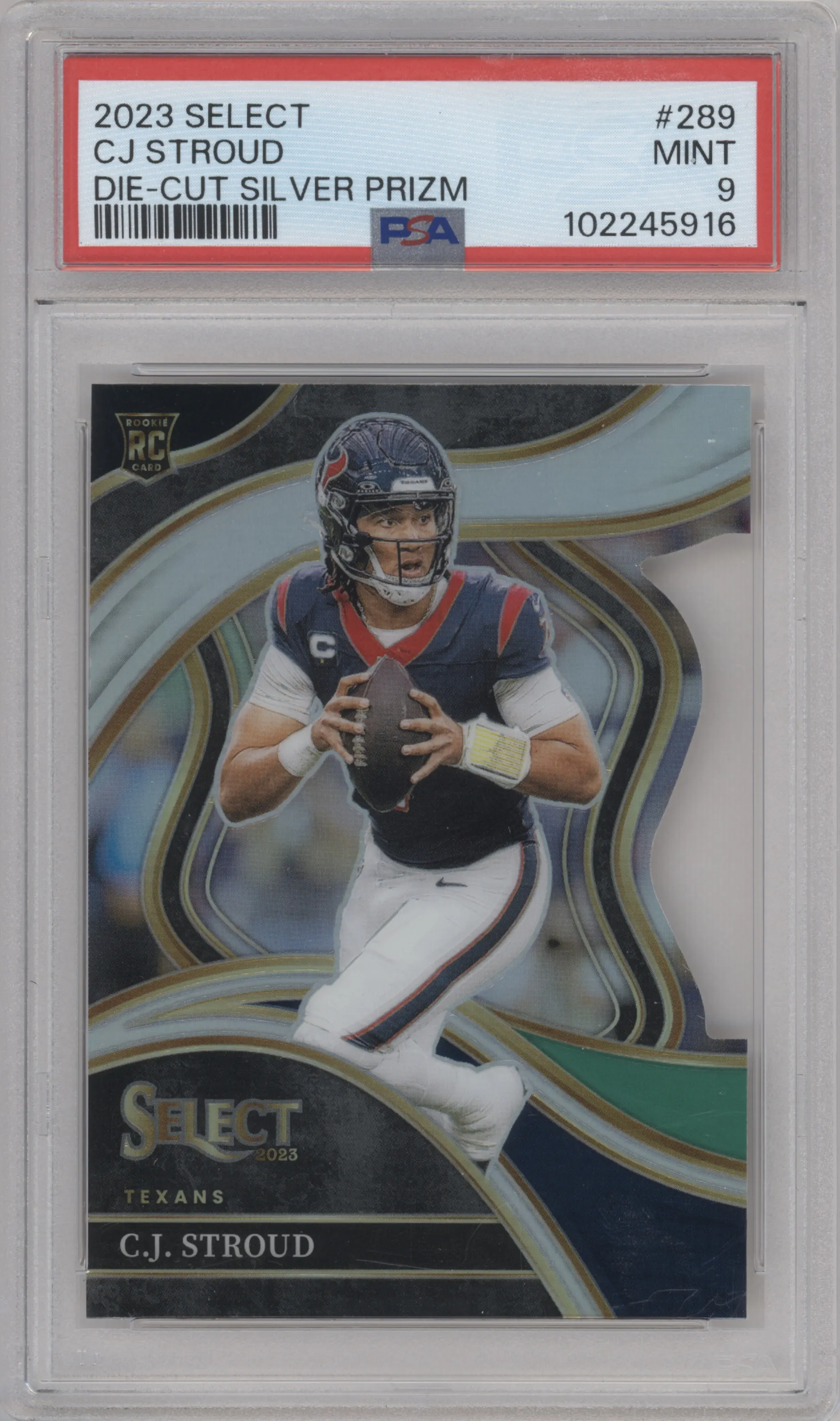 C.J. Stroud from the 2023 Panini Select set featuring a Die-Cut Silver  parallel graded by PSA and given an overall grade of 9.