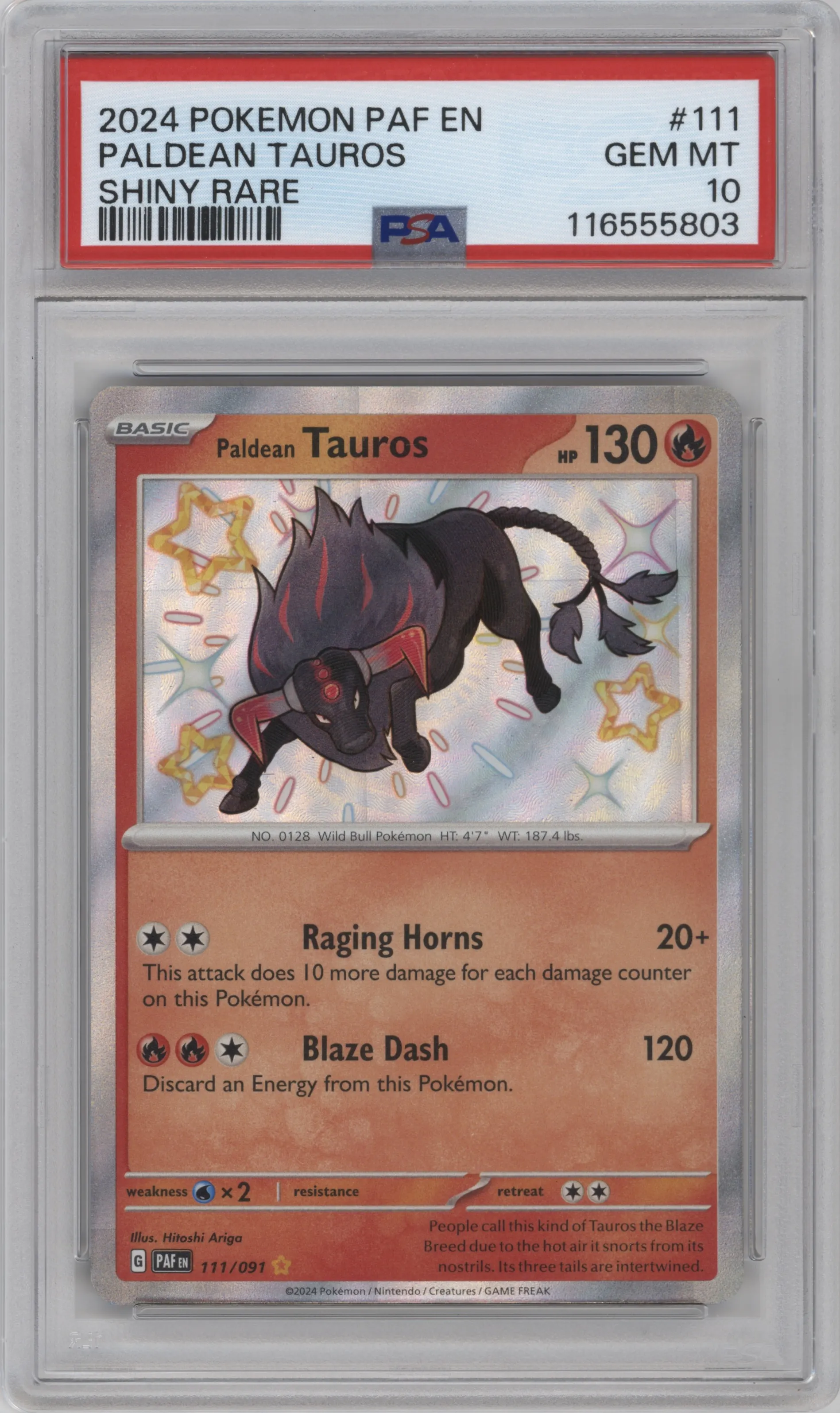 Paldean Tauros from the 2024 Pokemon SV set graded by PSA and given an overall grade of 10.