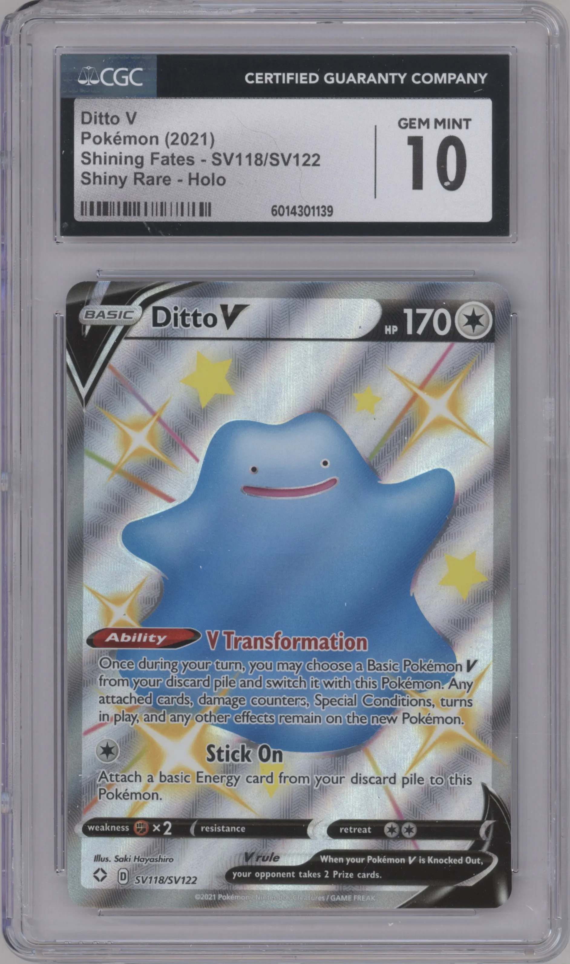 Ditto V from the 2021 Pokemon SWSH set graded by CSG and given an overall grade of 10.