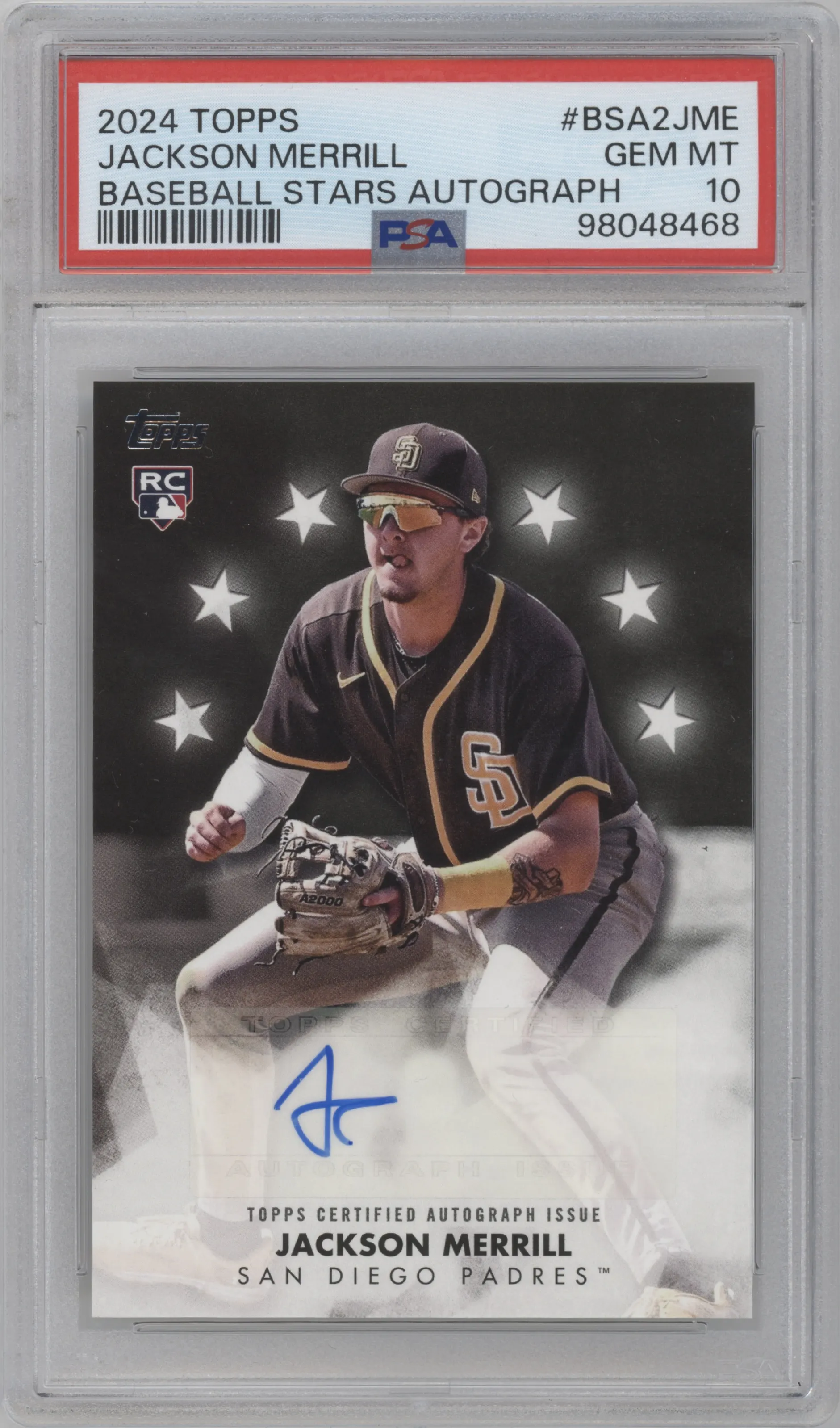 Jackson Merrill from the 2024 Topps  set graded by PSA and given an overall grade of 10.