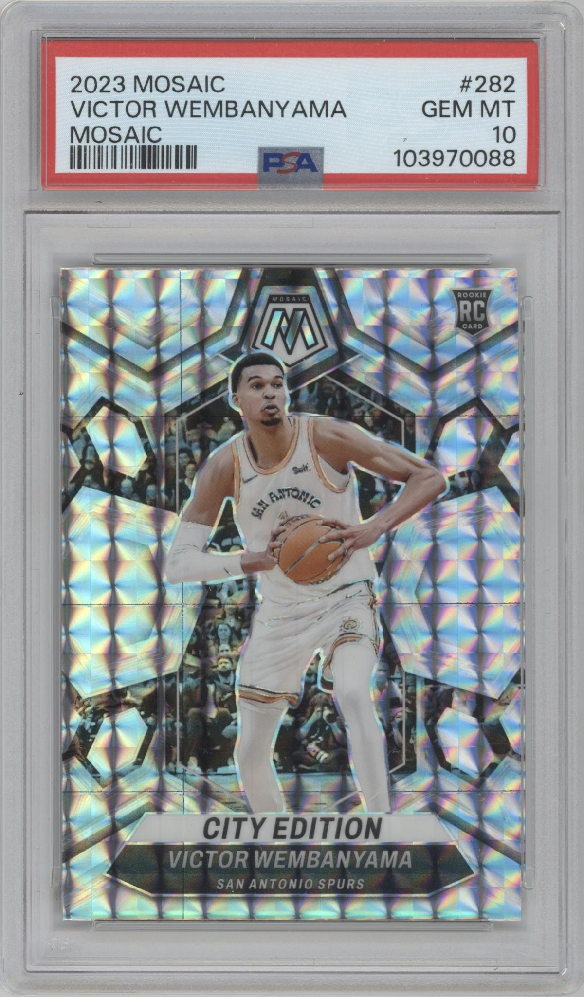 Victor Wembanyama from the 2023-24 Panini Mosaic set featuring a Mosaic parallel graded by PSA and given an overall grade of 10.