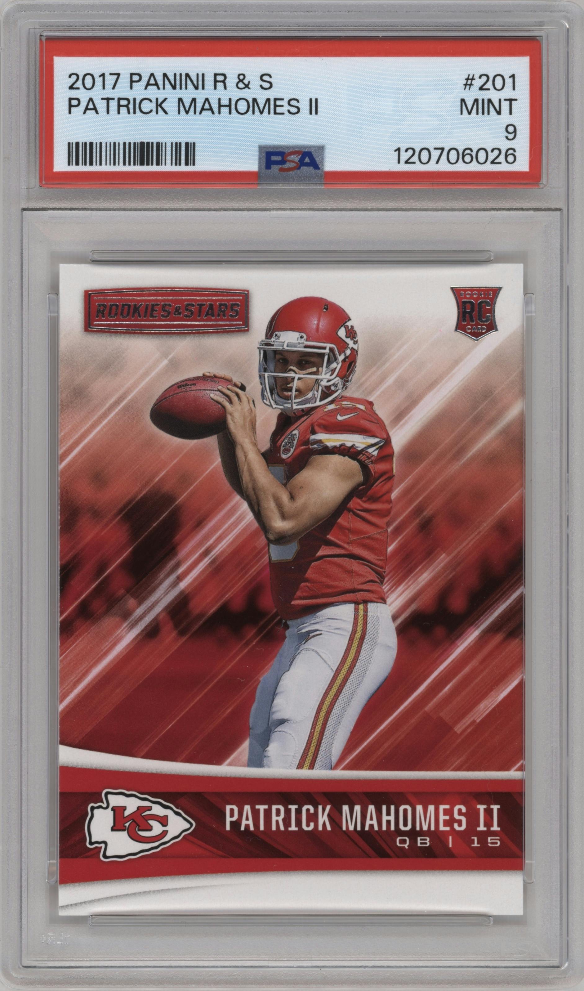 Patrick Mahomes II from the 2017 Panini Rookies & Stars set graded by PSA and given an overall grade of 9.