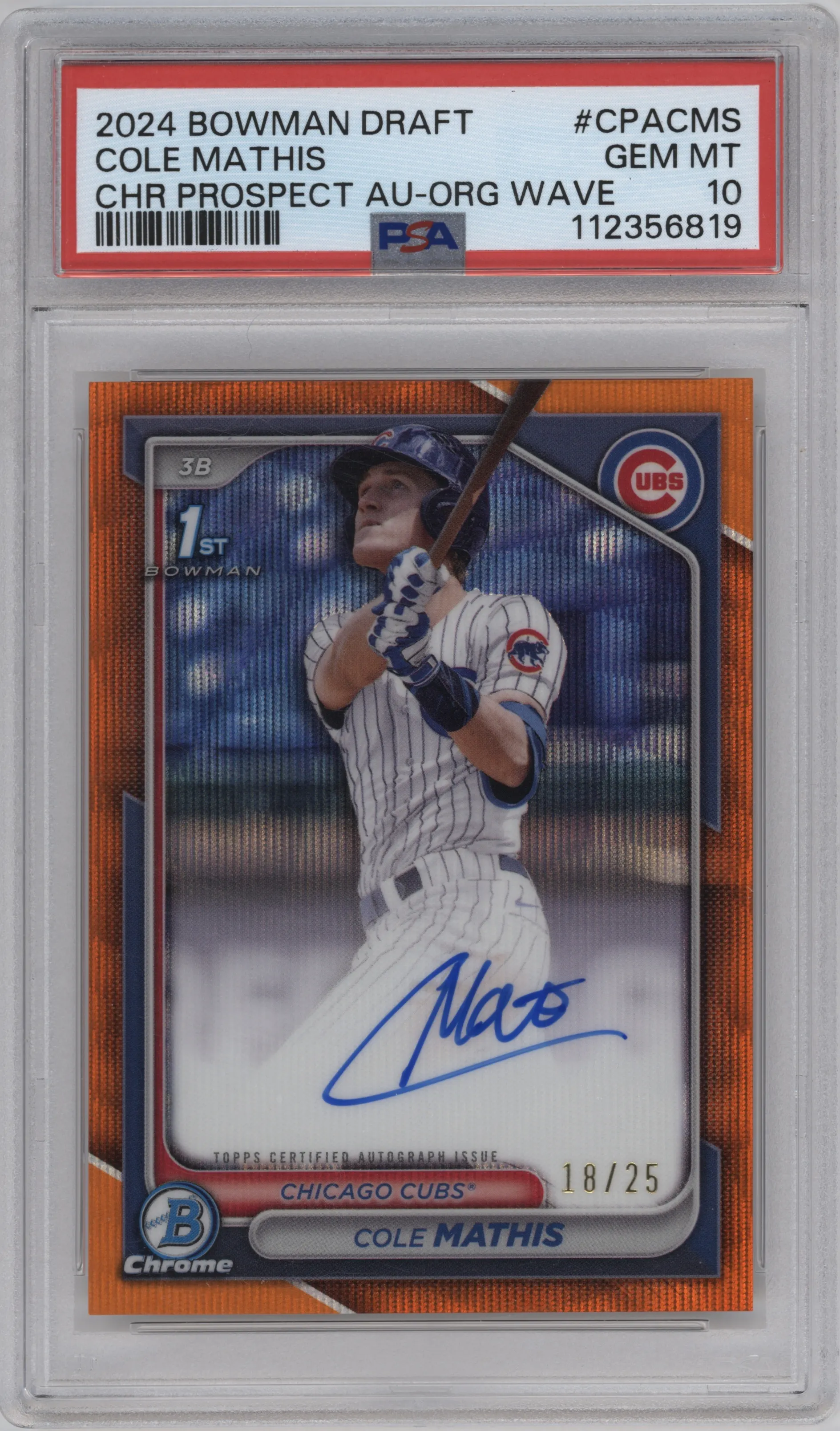 Cole Mathis from the 2024 Bowman Draft set featuring a Orange Wave Refractor parallel graded by PSA and given an overall grade of 10.