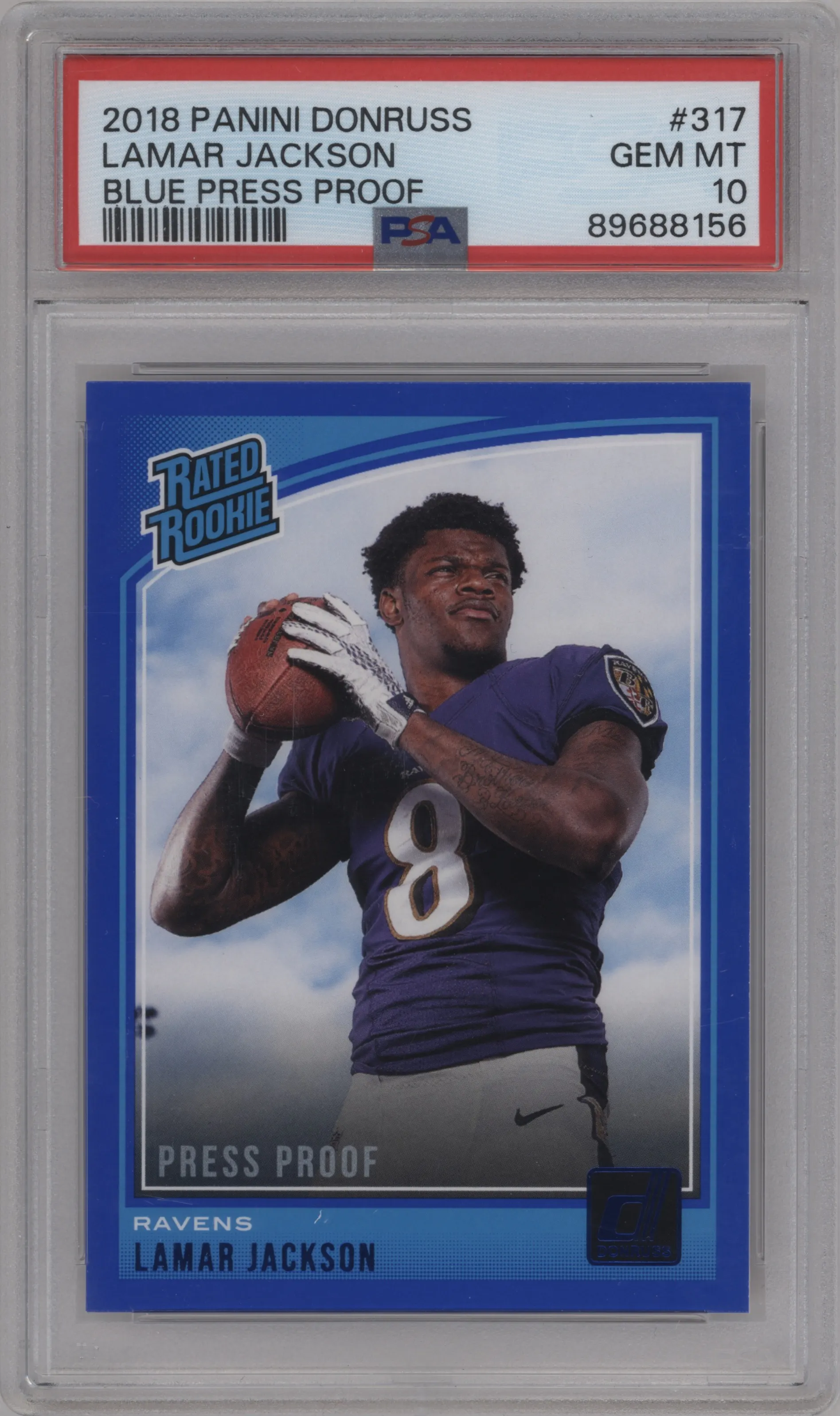 2018 Panini Donruss Rated Rookie Lamar Jackson Press Proof Blue #317 PSA 10