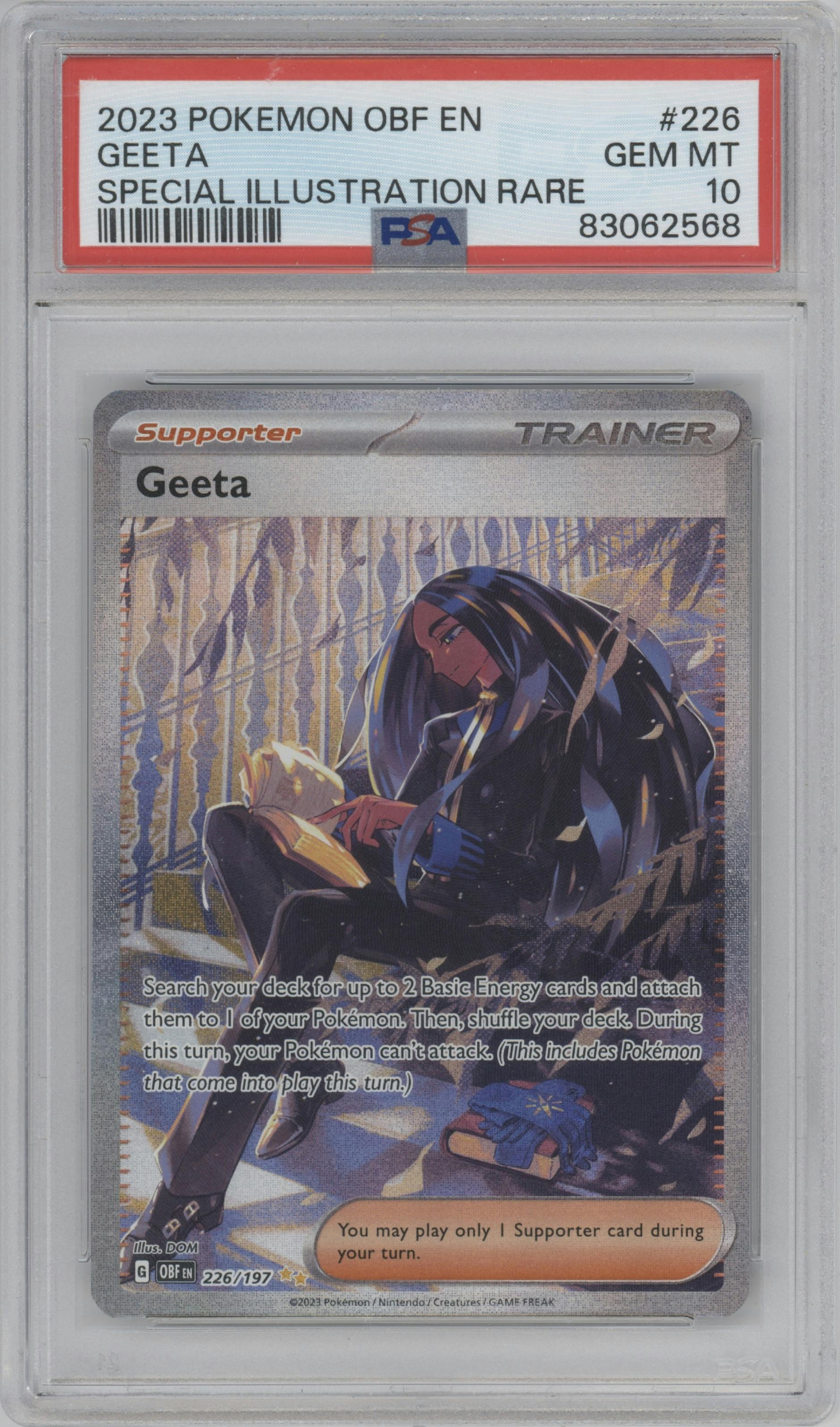Geeta from the 2023 Pokemon SV set graded by PSA and given an overall grade of 10.