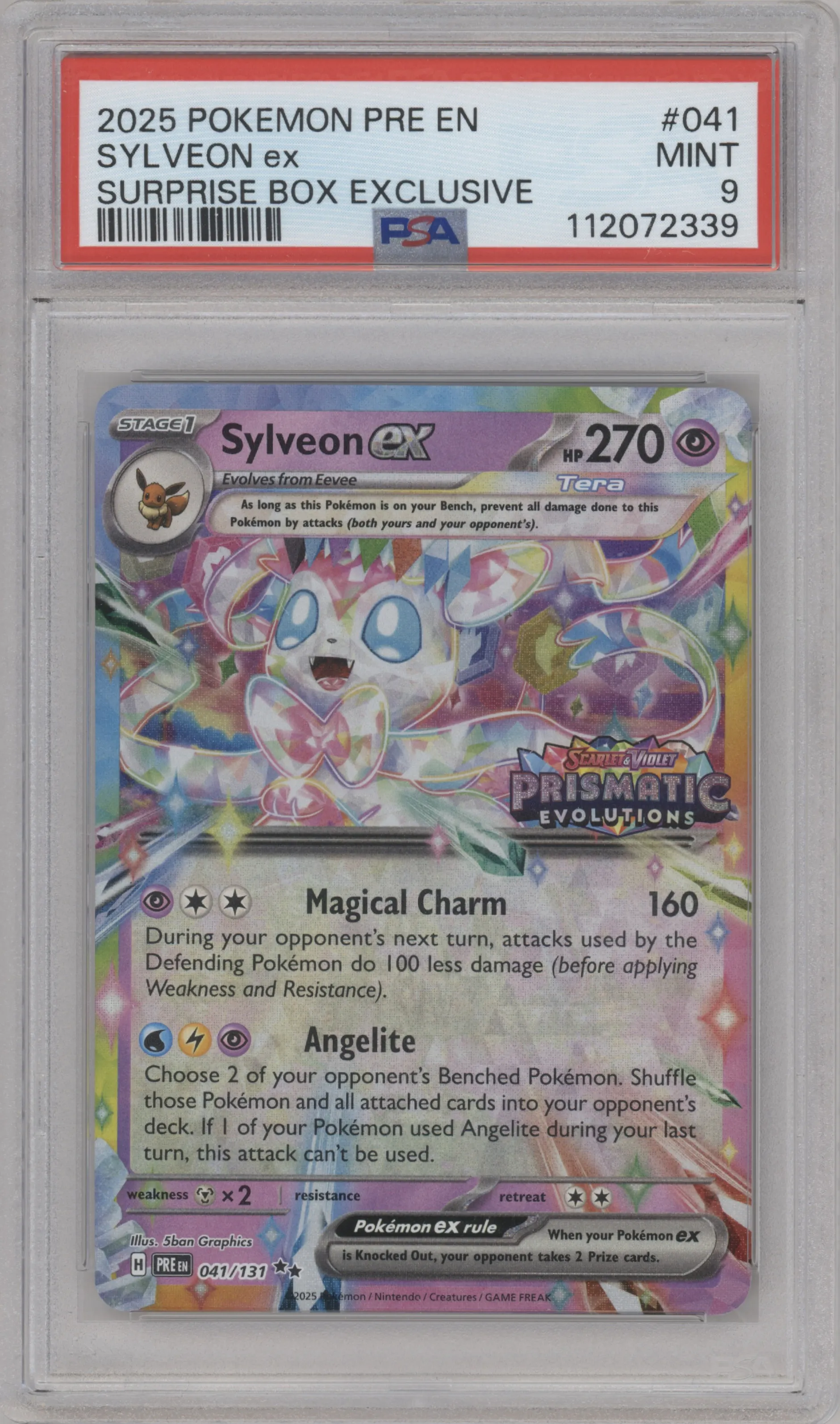 Sylveon ex from the 2025 Pokemon SV set featuring a Prismatic Evolutions Surprise Box parallel graded by PSA and given an overall grade of 9.