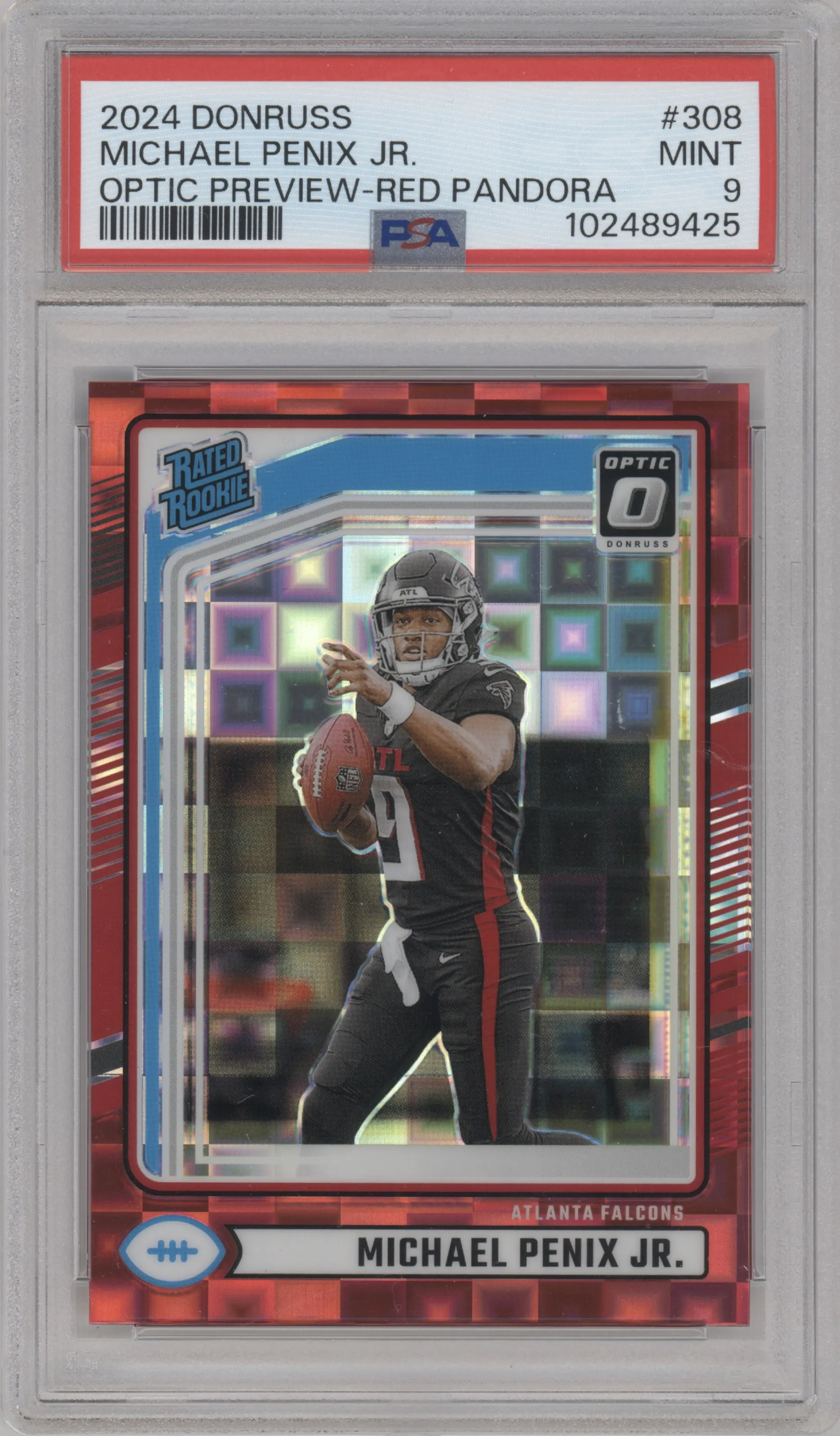 Michael Penix Jr.  from the 2024 Donruss set featuring a Red Pandora parallel graded by PSA and given an overall grade of 9.