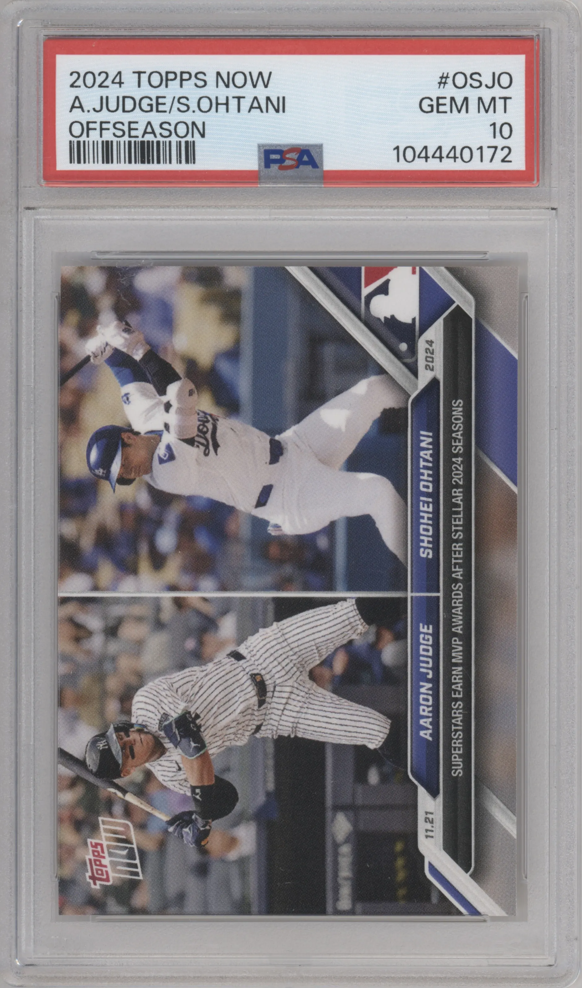 Aaron Judge/Shohei Ohtani  from the 2024-25 Topps Now Off-Season set graded by PSA and given an overall grade of 10.