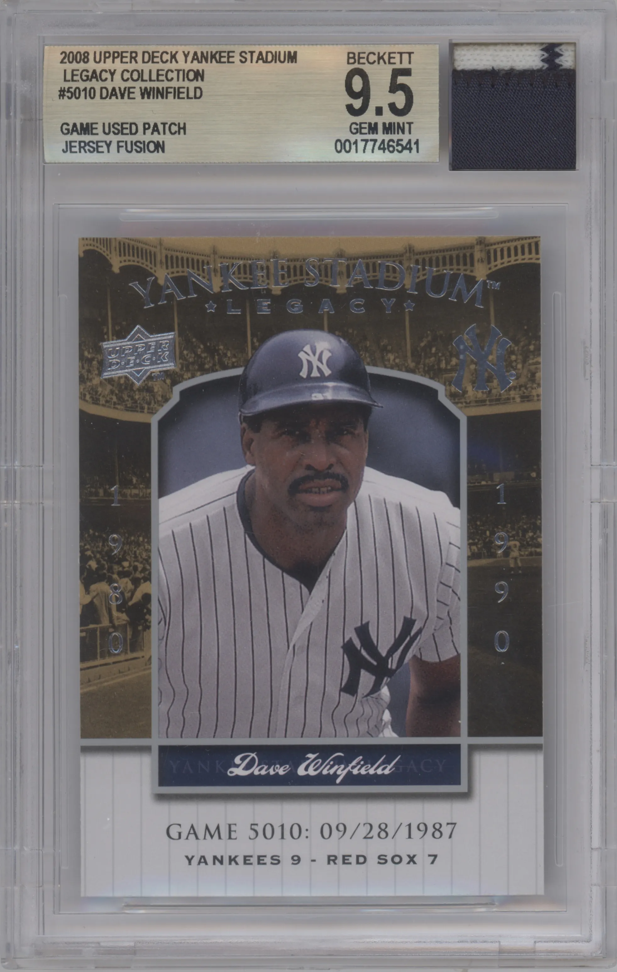 Dave Winfield from the 2008 UD Yankee Stadium Legacy Box Set set featuring a Game Used Patch parallel graded by Beckett and given an overall grade of 9.5.