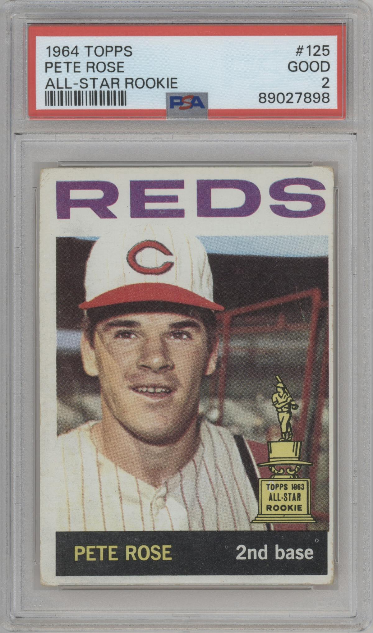 Pete Rose from the 1964 Topps set graded by PSA and given an overall grade of 2.