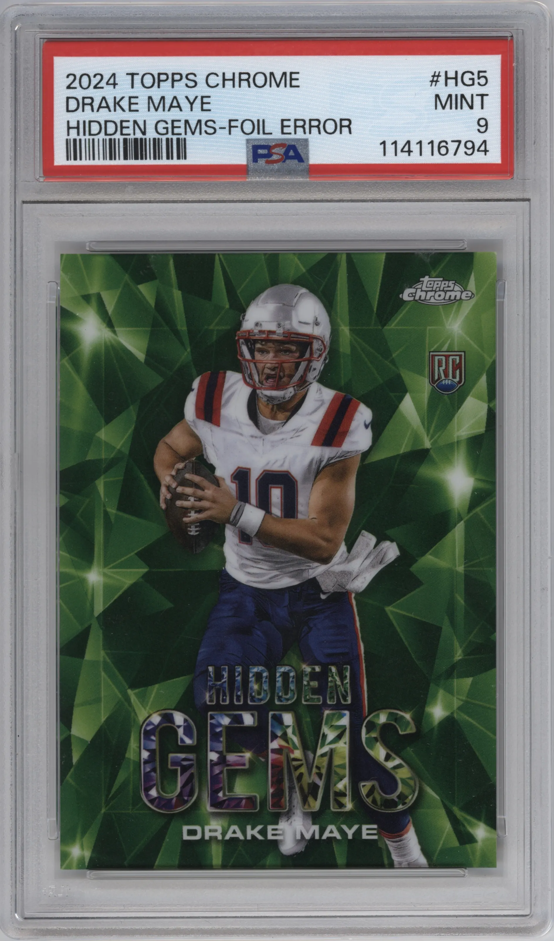 Drake Maye from the 2024 Topps Chrome set featuring a Foil Error parallel graded by PSA and given an overall grade of 9.