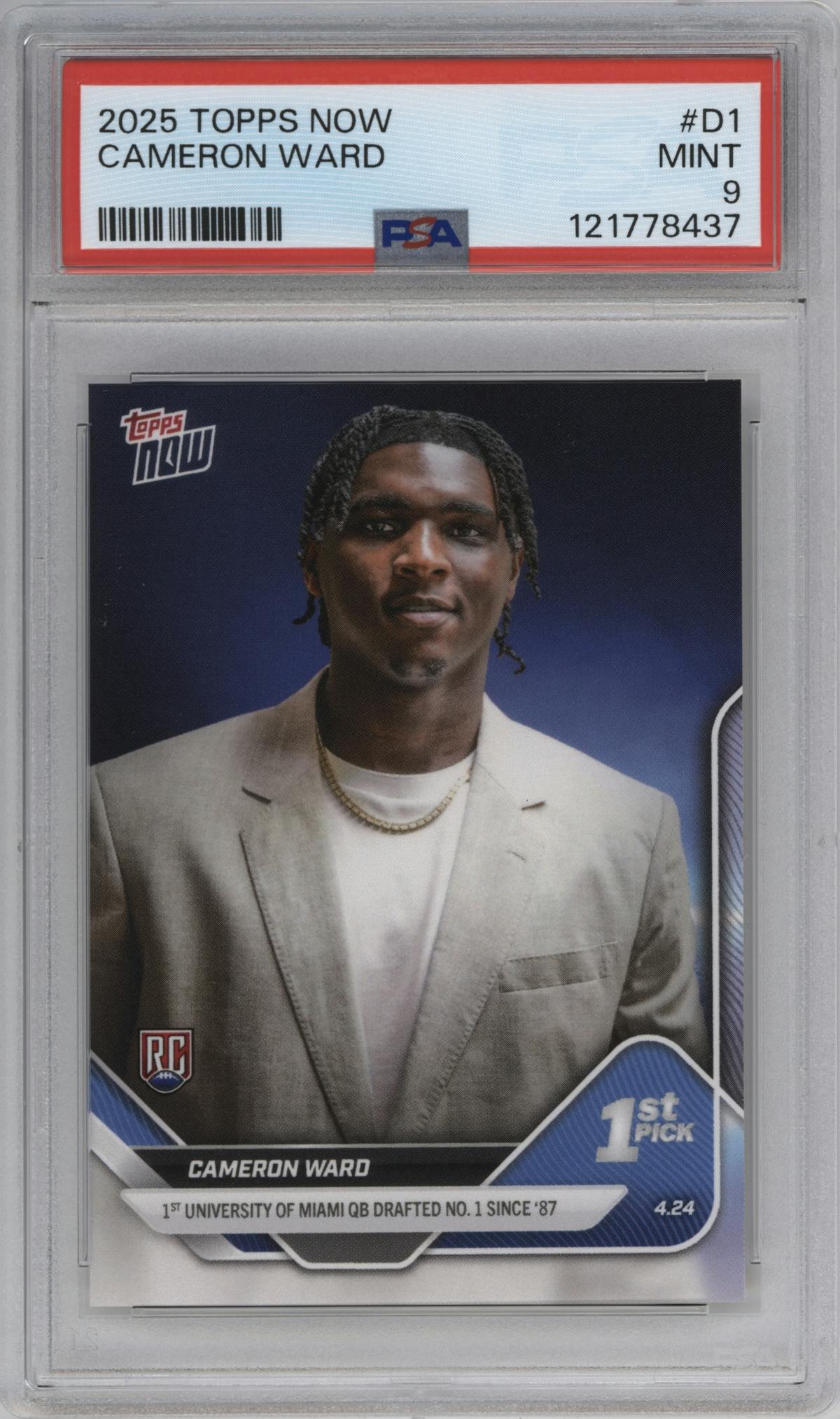 Cameron Ward from the 2025 Topps Now set graded by PSA and given an overall grade of 9.