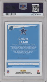CeeDee Lamb from the 2020 Panini Donruss Optic set featuring a Teal Velocity parallel graded by PSA and given an overall grade of 10.