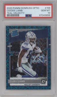 CeeDee Lamb from the 2020 Panini Donruss Optic set featuring a Teal Velocity parallel graded by PSA and given an overall grade of 10.