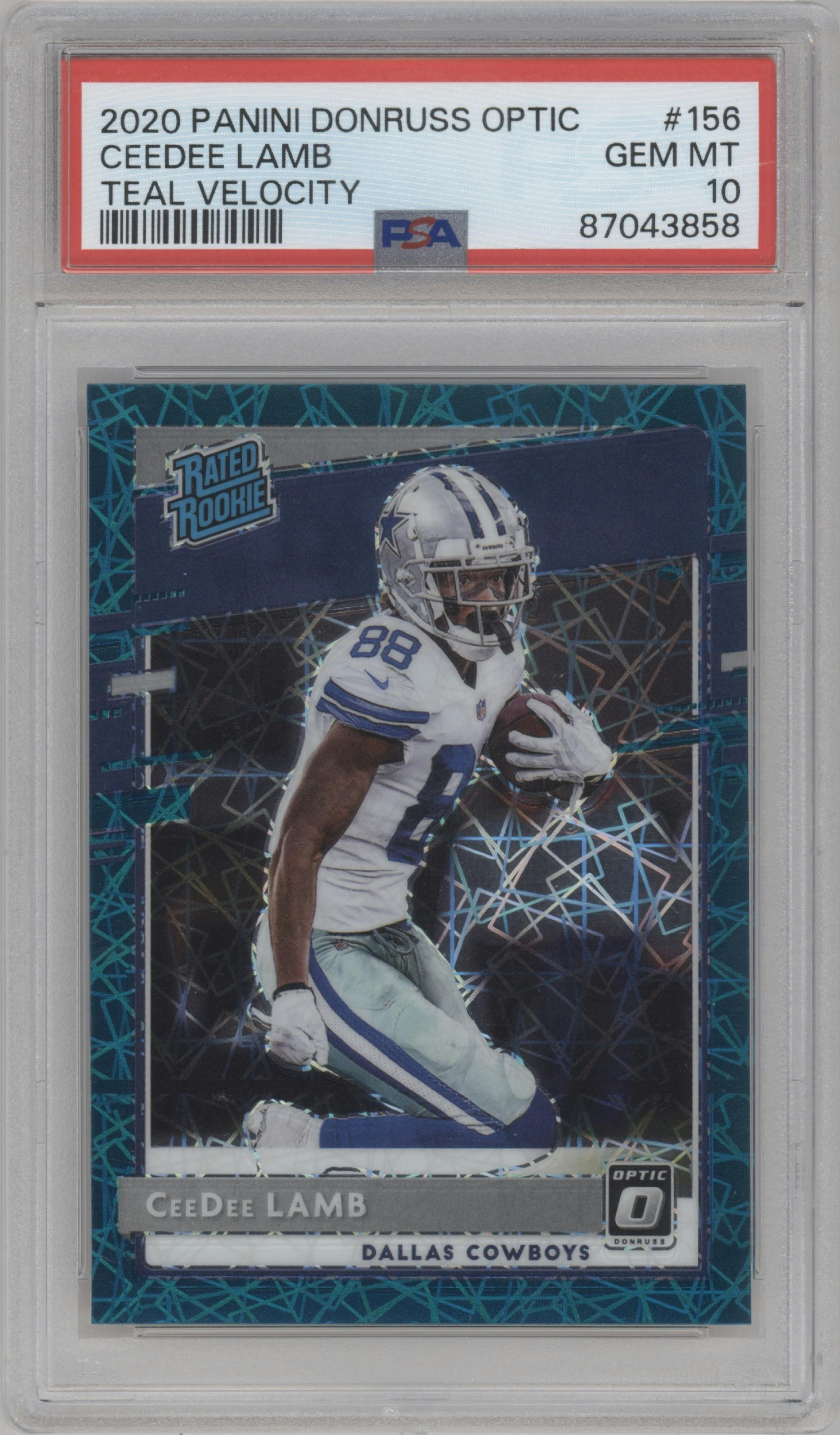CeeDee Lamb from the 2020 Panini Donruss Optic set featuring a Teal Velocity parallel graded by PSA and given an overall grade of 10.