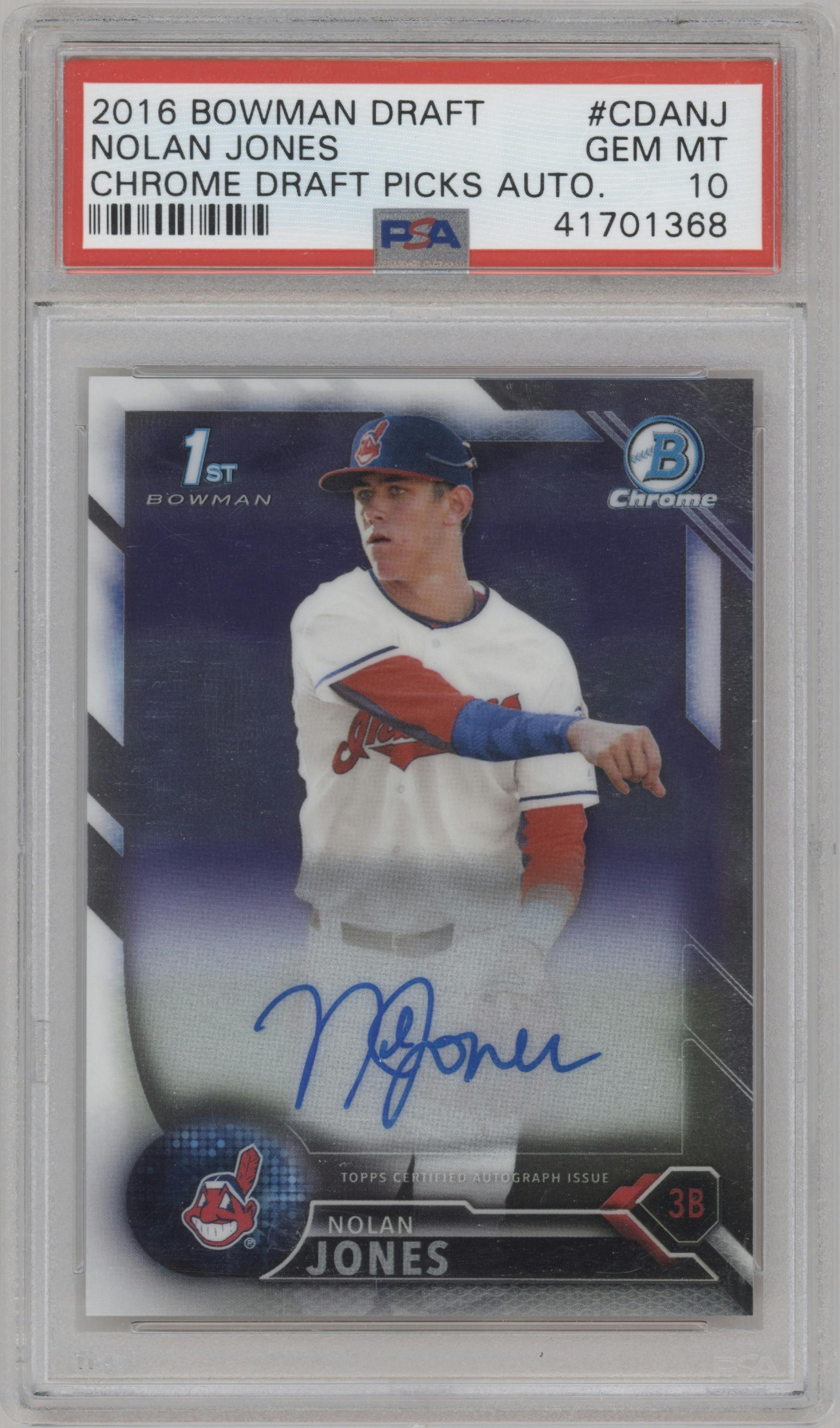 Nolan Jones from the 2016 Bowman Draft set graded by PSA and given an overall grade of 10.