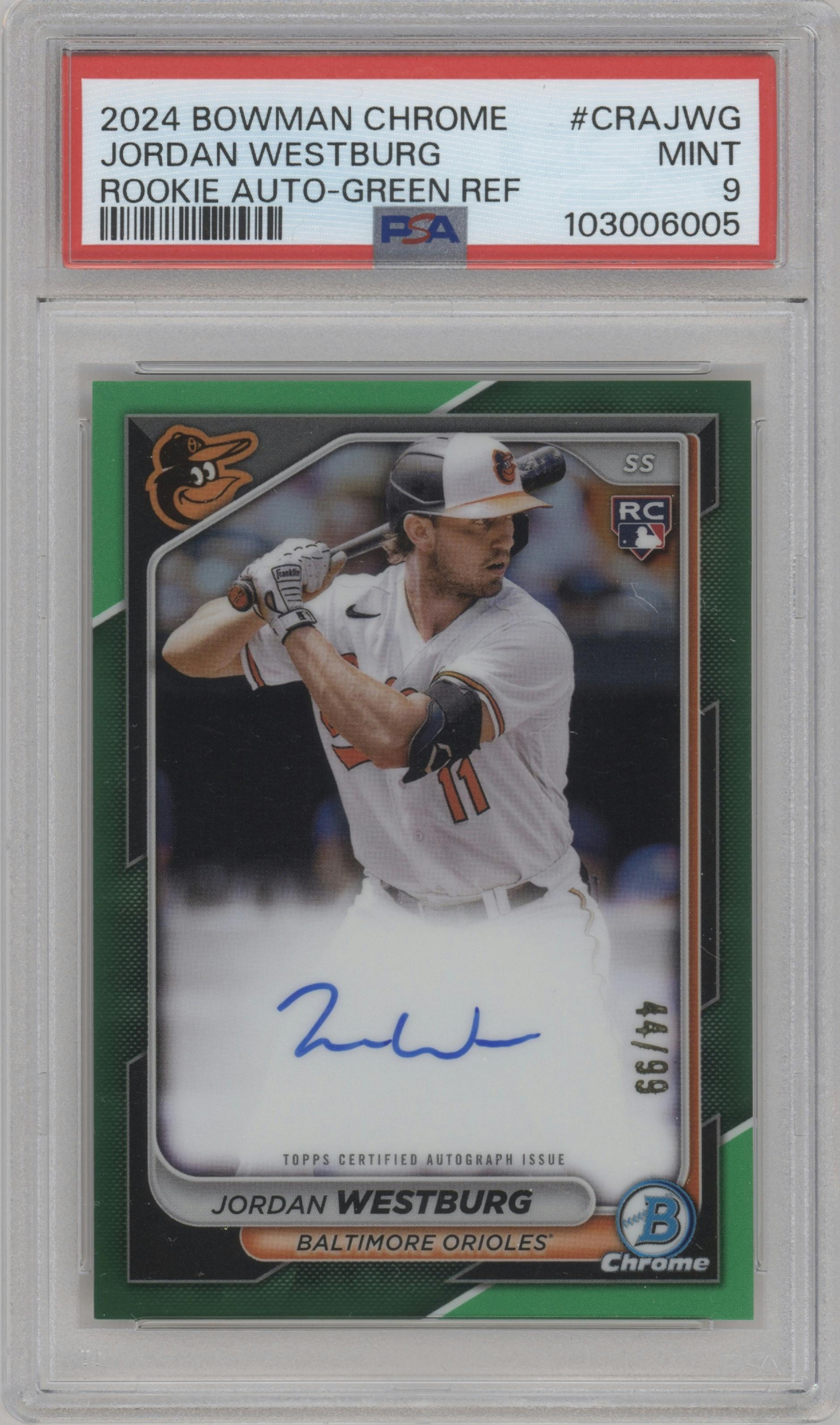 Jordan Westburg from the 2024 Bowman Chrome set featuring a Green Refractor parallel graded by PSA and given an overall grade of 9.