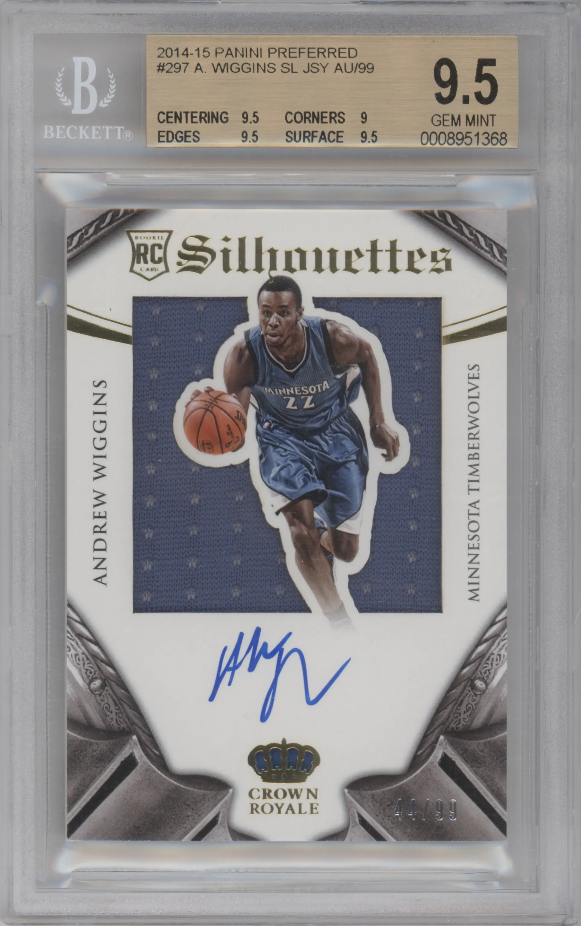 Andrew Wiggins from the 2014-15 Panini Preferred set graded by Beckett and given an overall grade of 9.5.