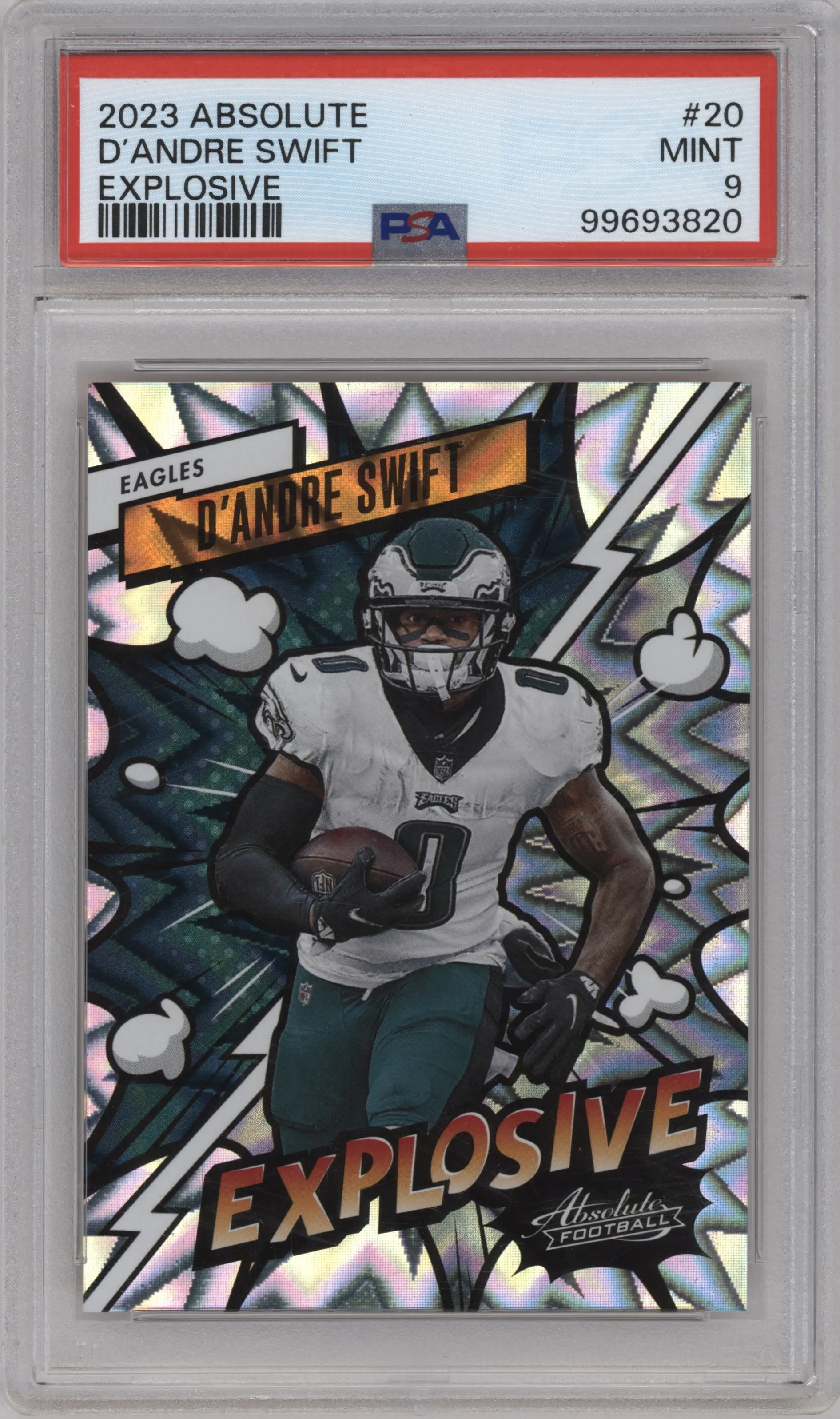 D'Andre Swift from the 2023 Panini Absolute set graded by PSA and given an overall grade of 9.