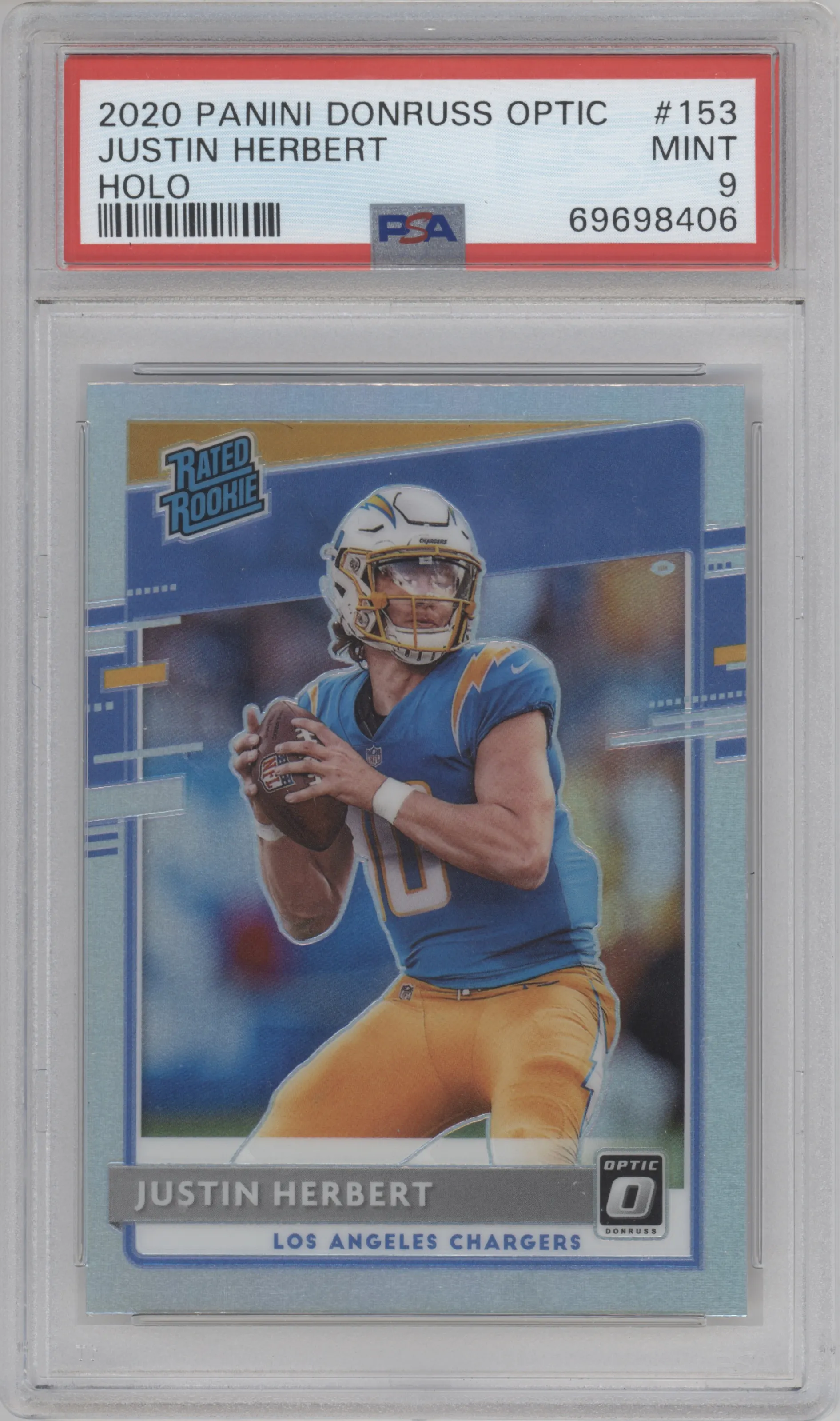 Justin Herbert from the 2020 Panini Donruss Optic set featuring a Holo parallel graded by PSA and given an overall grade of 9.