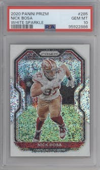 Nick Bosa from the 2020 Panini Prizm set featuring a White Sparkle parallel graded by PSA and given an overall grade of 10.