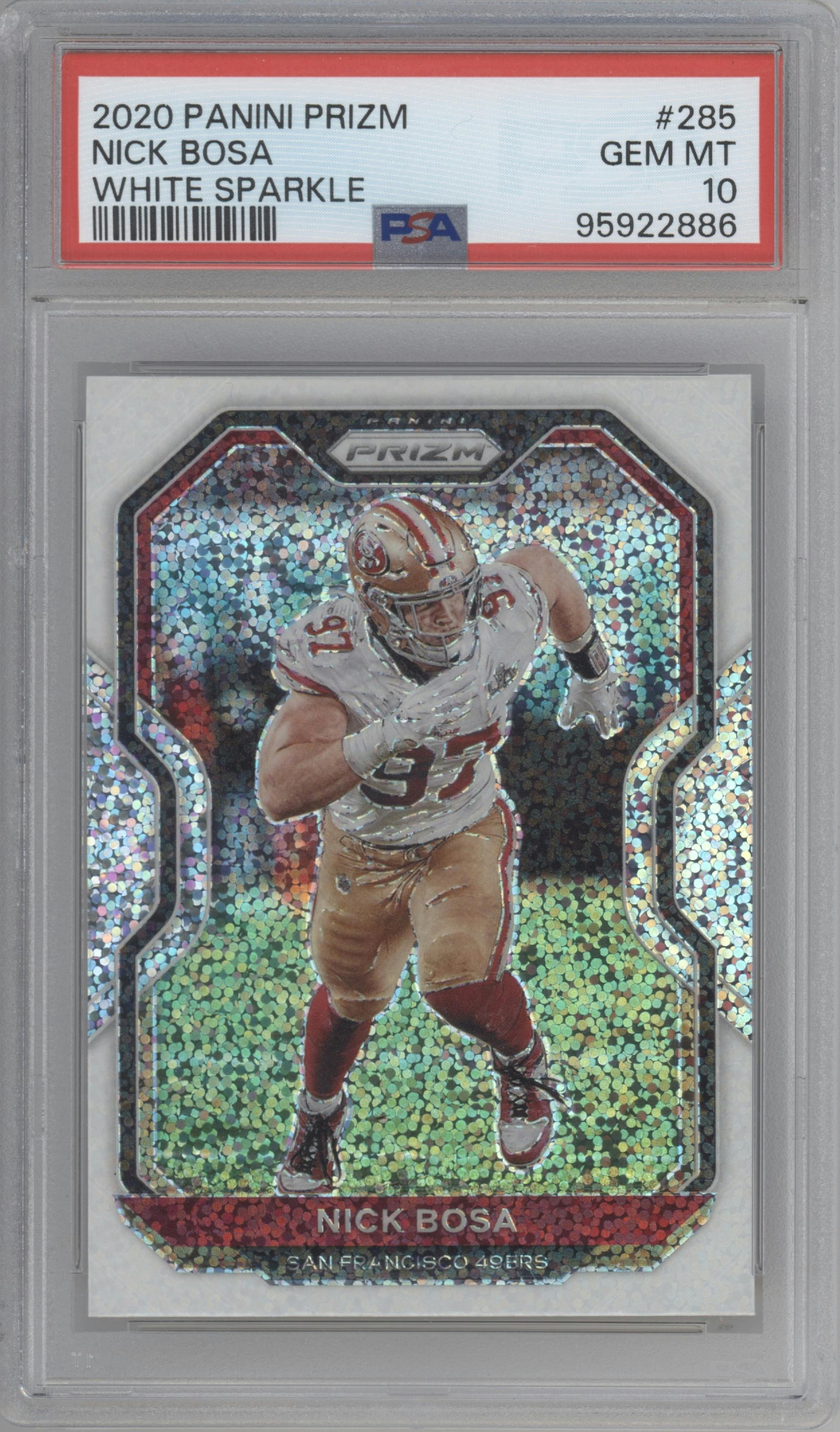 Nick Bosa from the 2020 Panini Prizm set featuring a White Sparkle parallel graded by PSA and given an overall grade of 10.