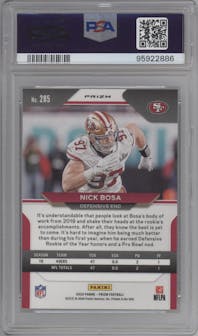 Nick Bosa from the 2020 Panini Prizm set featuring a White Sparkle parallel graded by PSA and given an overall grade of 10.