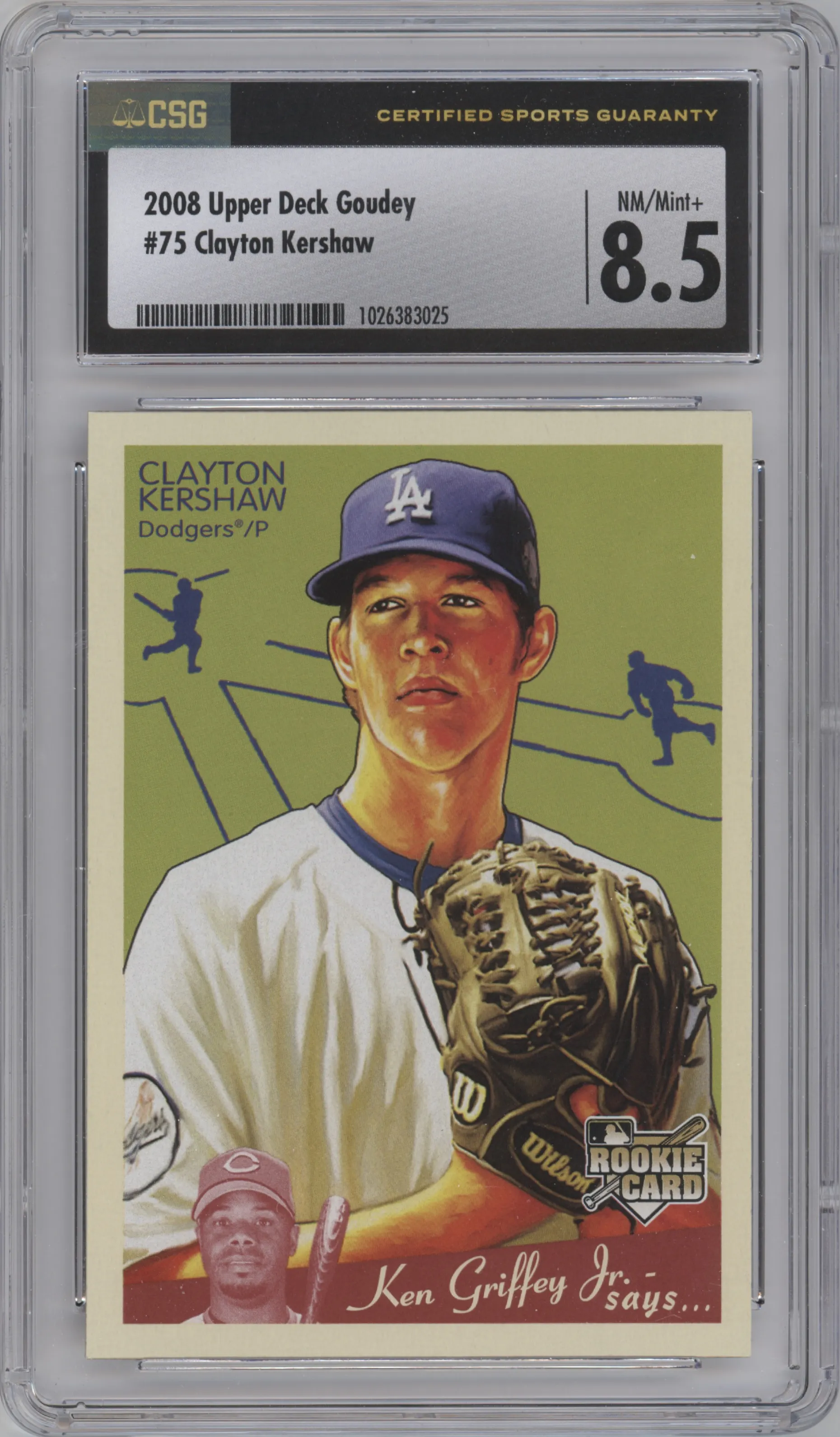Clayton Kershaw from the 2008 Upper Deck Goudey set graded by CSG and given an overall grade of 8.5.
