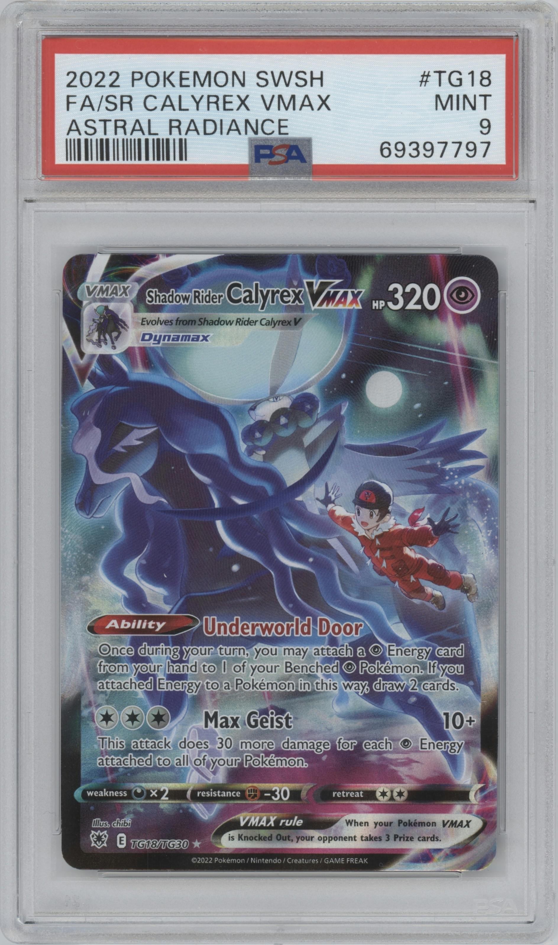 Shadow Rider Calyrex VMAX from the 2022 Pokemon SWSH set graded by PSA and given an overall grade of 9.
