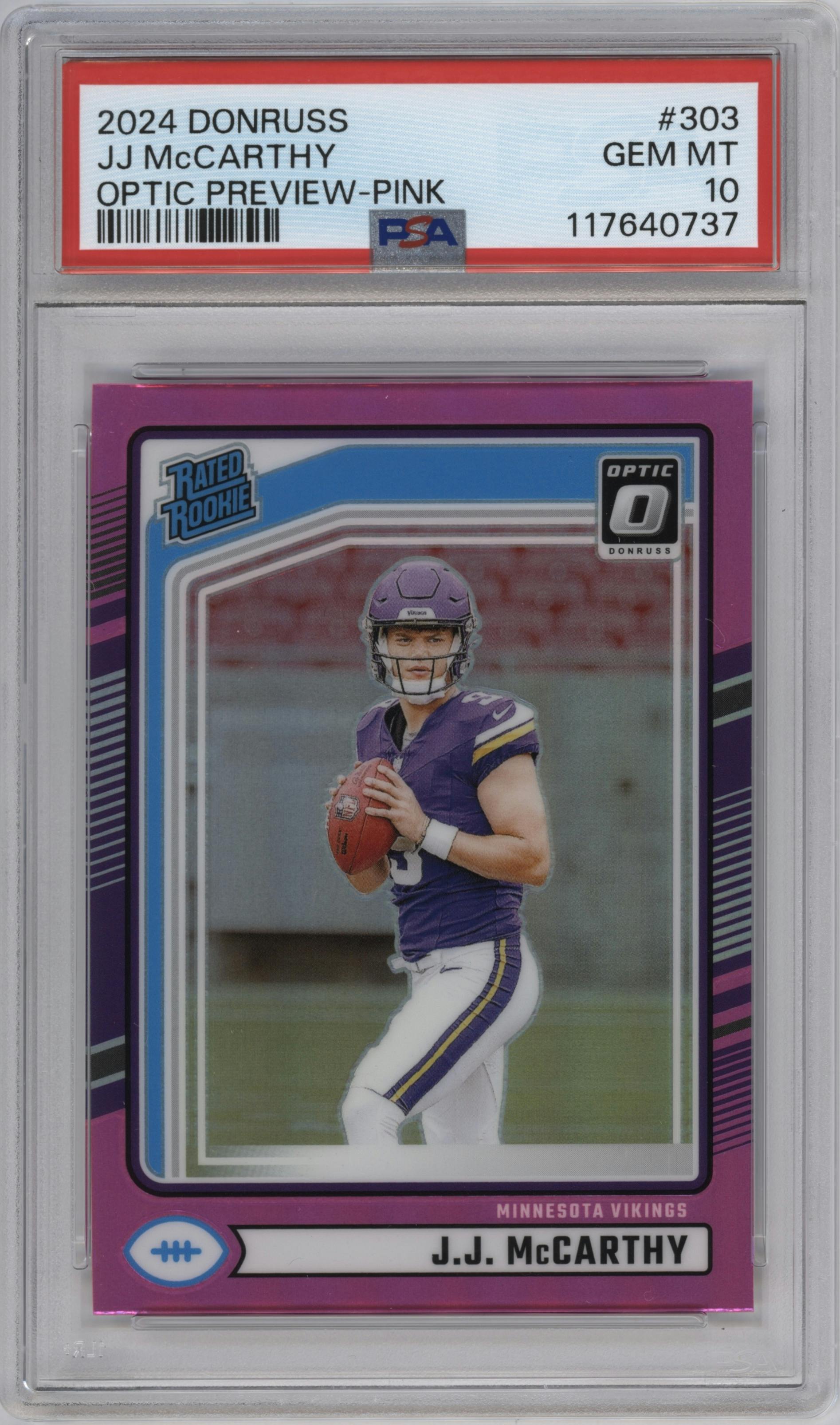 J.J. McCarthy from the 2024 Donruss set featuring a Pink parallel graded by PSA and given an overall grade of 10.