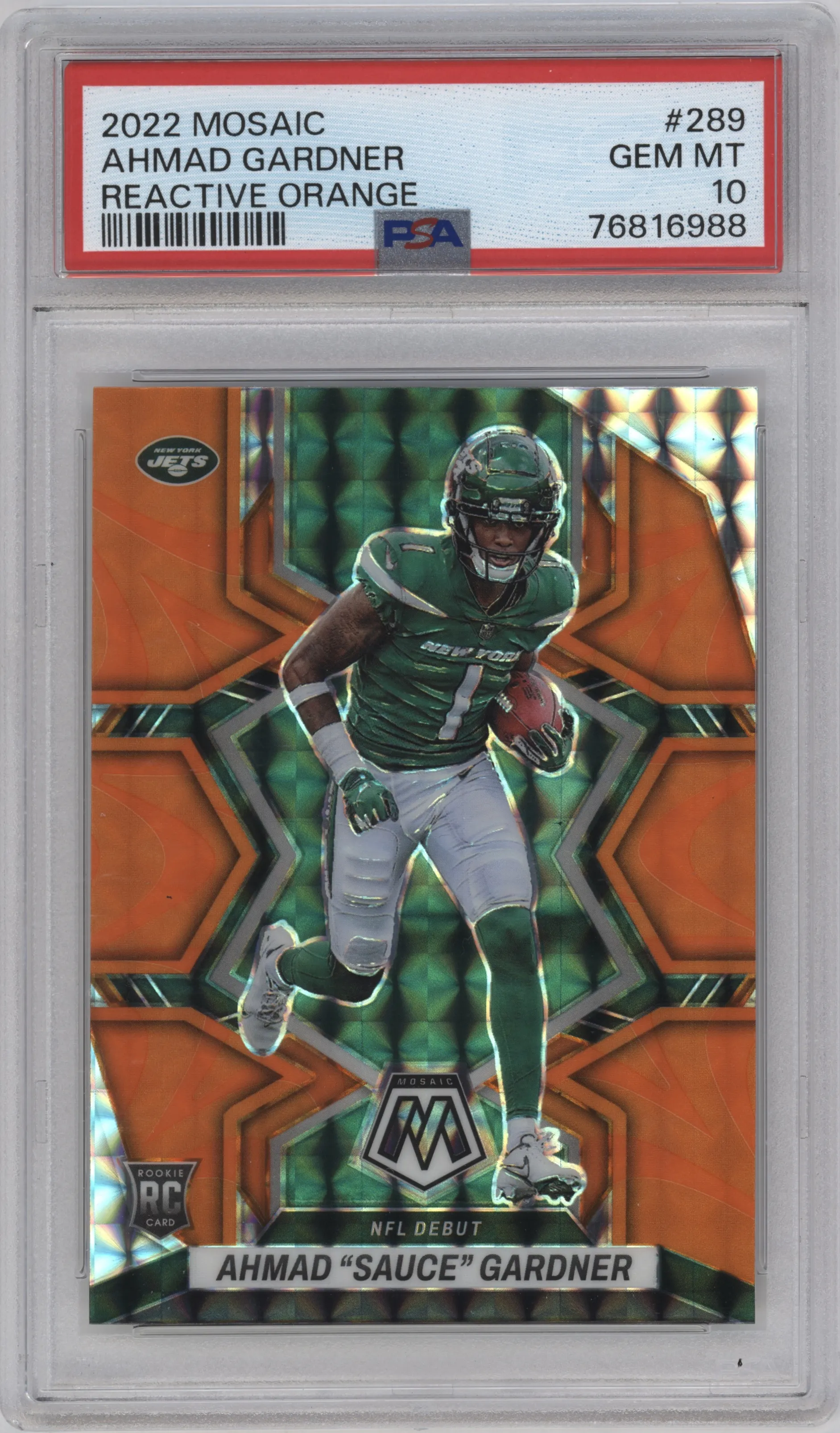 Ahmad "Sauce" Gardner from the 2022 Panini Mosaic set featuring a Reactive Orange parallel graded by PSA and given an overall grade of 10.