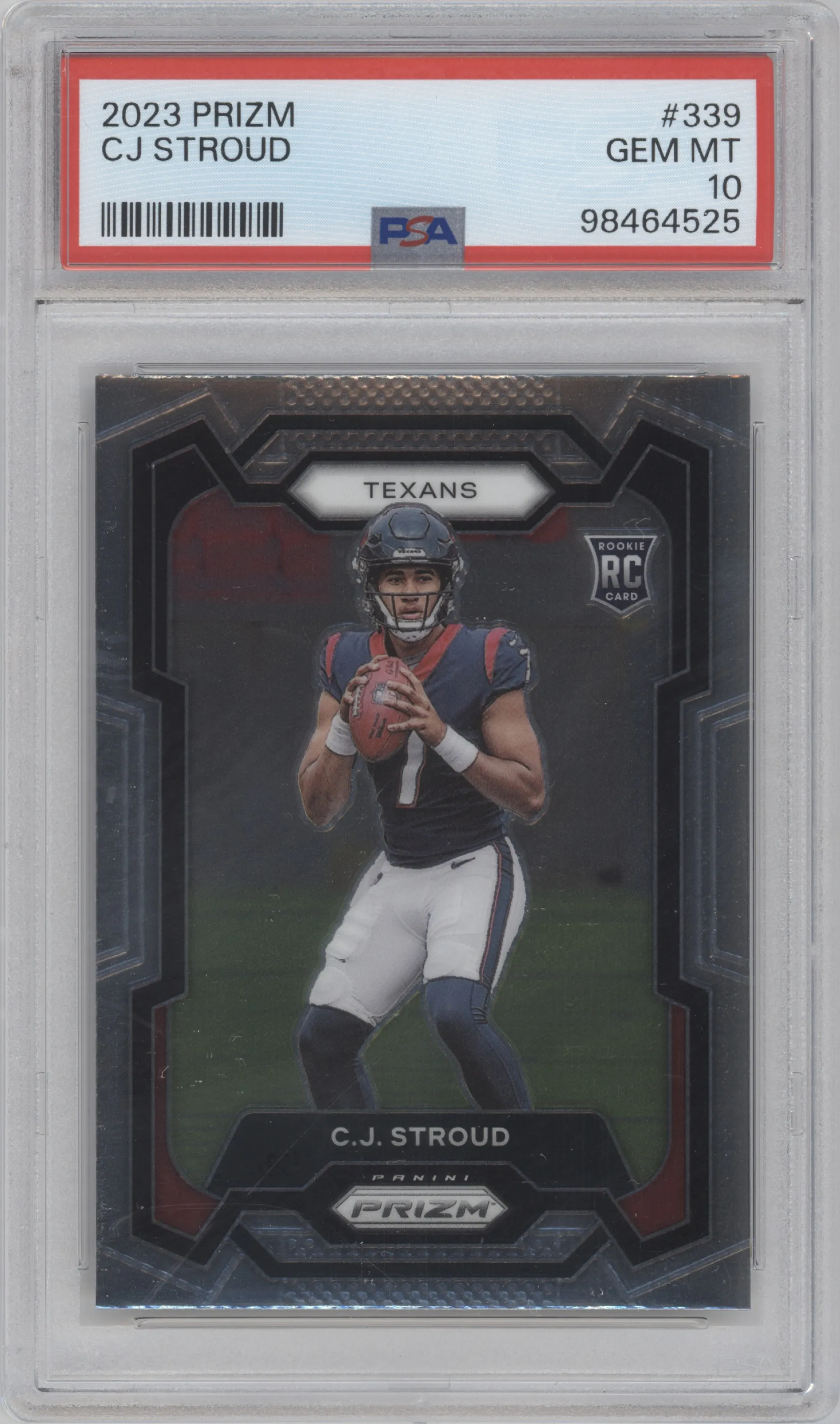 C.J. Stroud from the 2023 Panini Prizm set graded by PSA and given an overall grade of 10.
