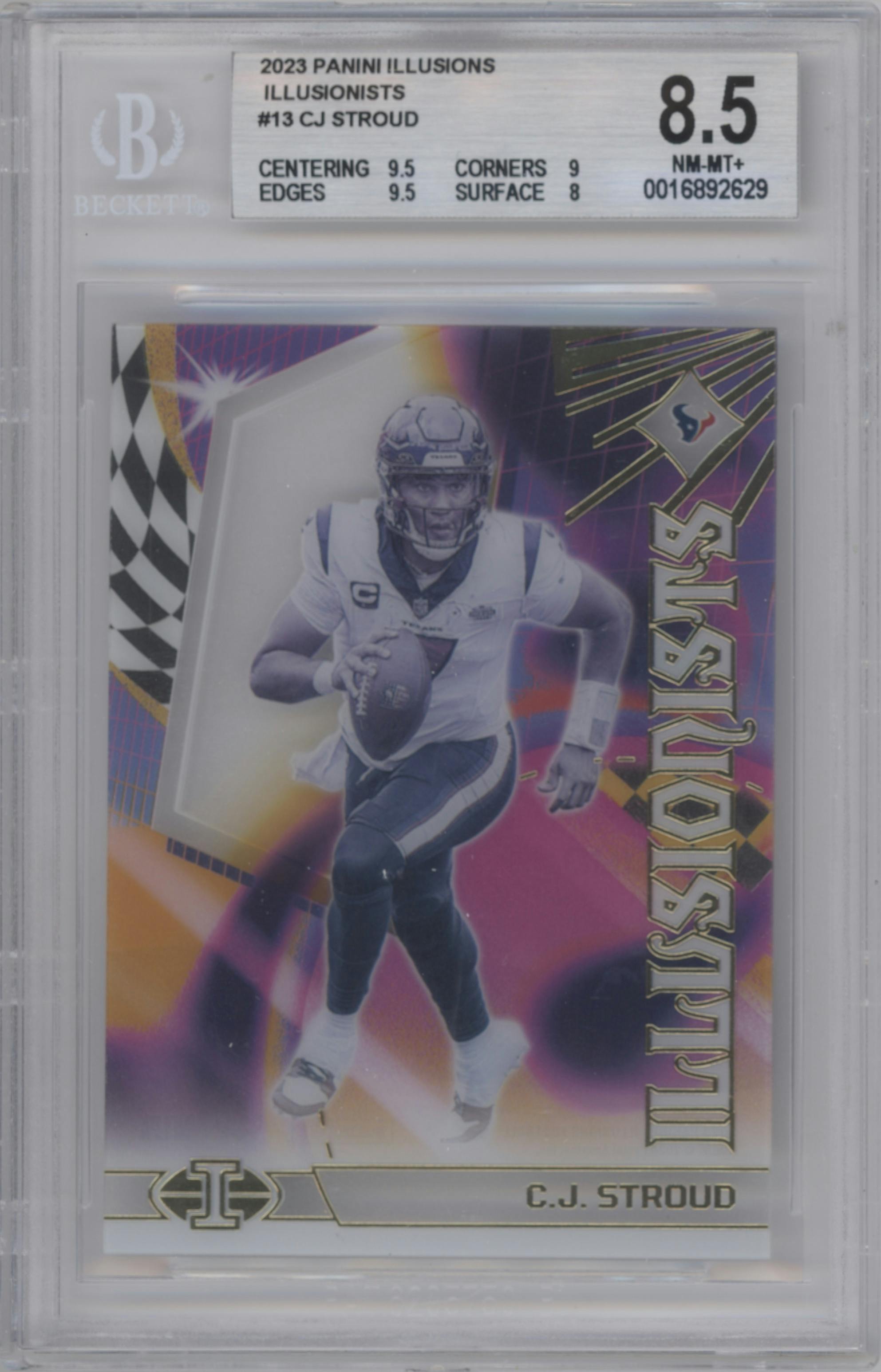 C.J. Stroud from the 2023 Panini Illusions set graded by Beckett and given an overall grade of 8.5.