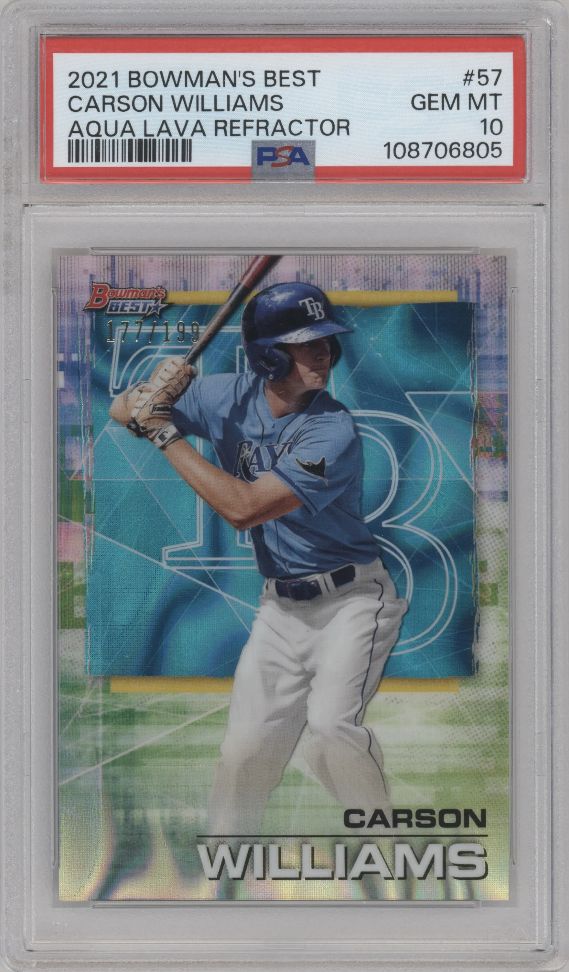 Carson Williams from the 2021 Bowman’s Best set featuring a Aqua Lava Refractor parallel graded by PSA and given an overall grade of 10.