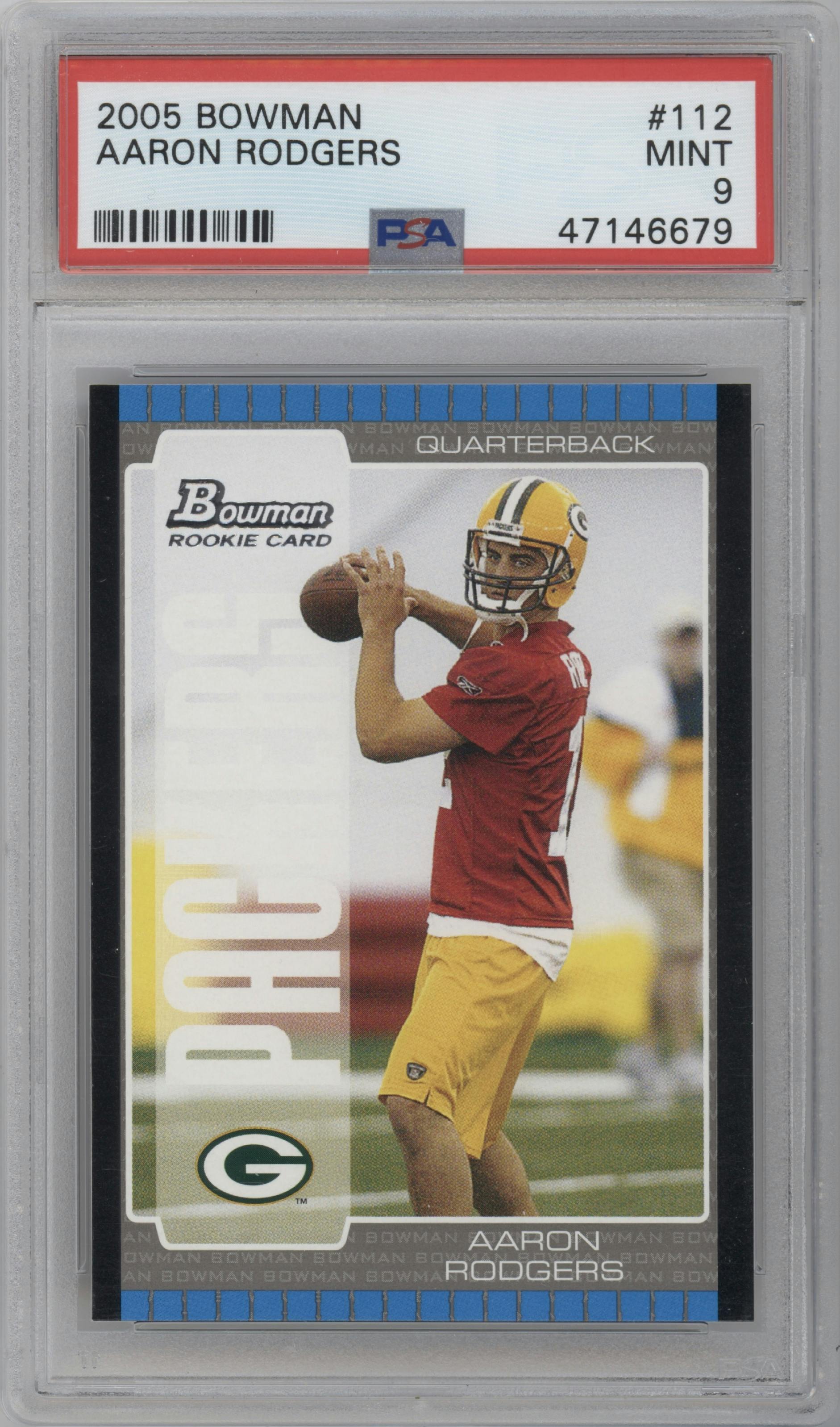 Aaron Rodgers from the 2005 Bowman set graded by PSA and given an overall grade of 9.