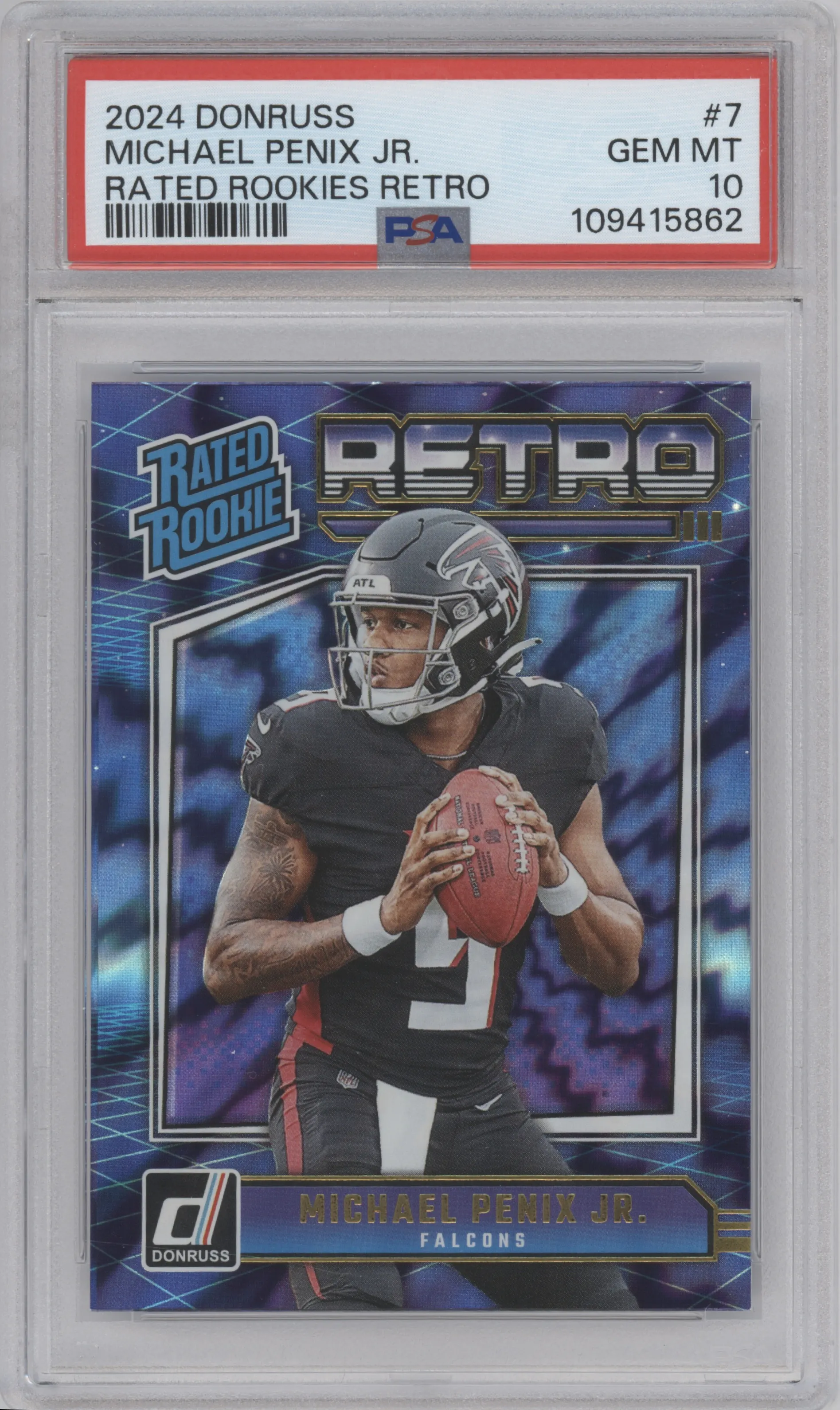 Michael Penix Jr. from the 2024 Donruss set graded by PSA and given an overall grade of 10.