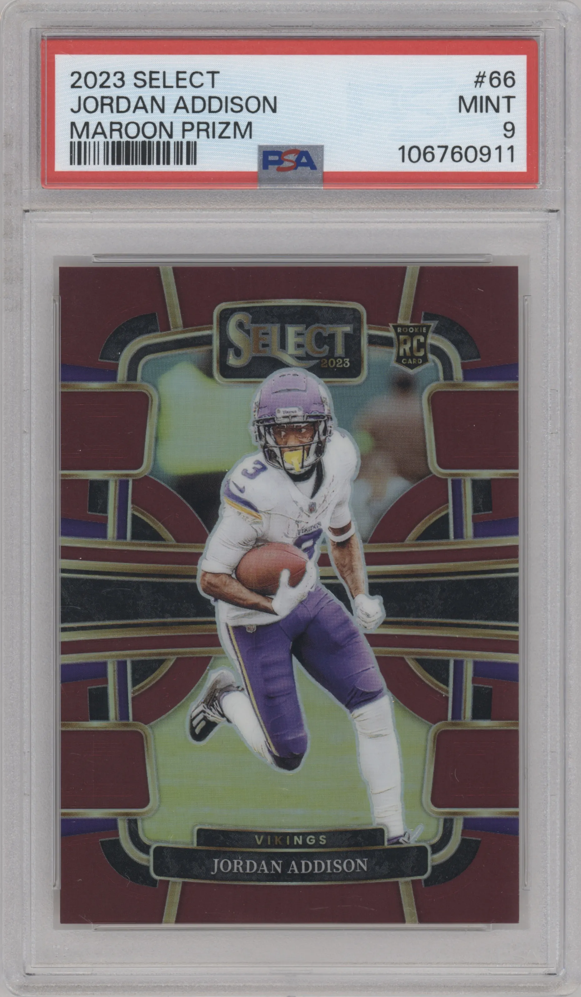 Jordan Addison from the 2023 Panini Select set featuring a Maroon Prizm parallel graded by PSA and given an overall grade of 9.
