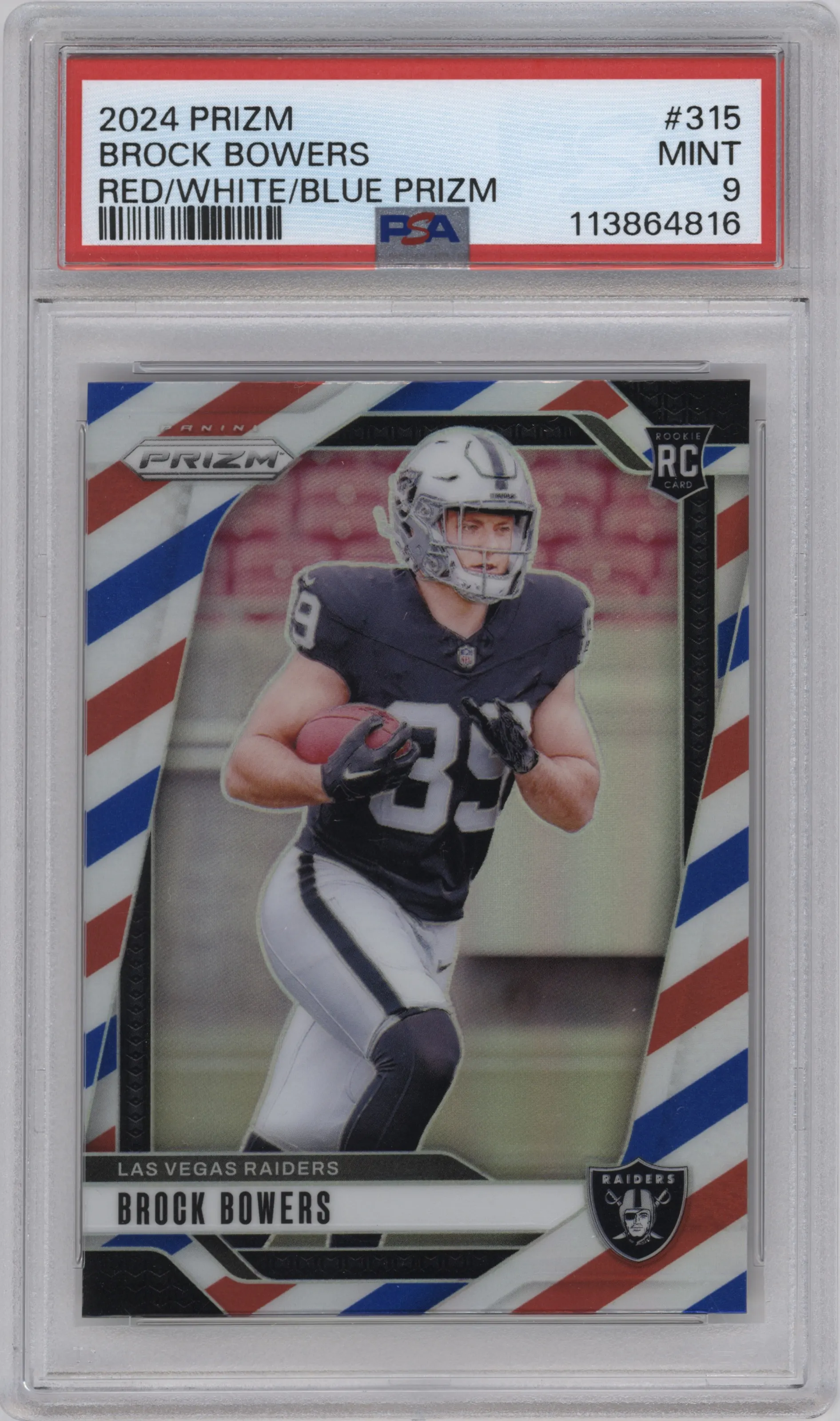 Brock Bowers from the 2024 Panini Prizm set featuring a Red White Blue Prizm parallel graded by PSA and given an overall grade of 9.